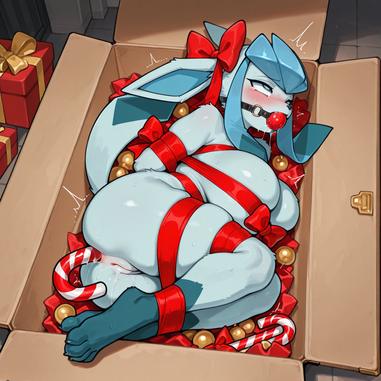 ahe gao, ai generated, anal object insertion, anthro, ball gag, blush, bodily fluids, bondage, bound, candy, candy cane, container, dessert, eeveelution, female, food, full-length portrait, gag, gagged, generation 4 pokemon, genital fluids, genitals, glaceon, hi res, in box, in container, inside, looking pleasured, lying, nintendo, on side, pokemon, pokemon (species), portrait, pussy, pussy juice, ribbon, saliva, shaking, solo, suitcase, tears, trembling