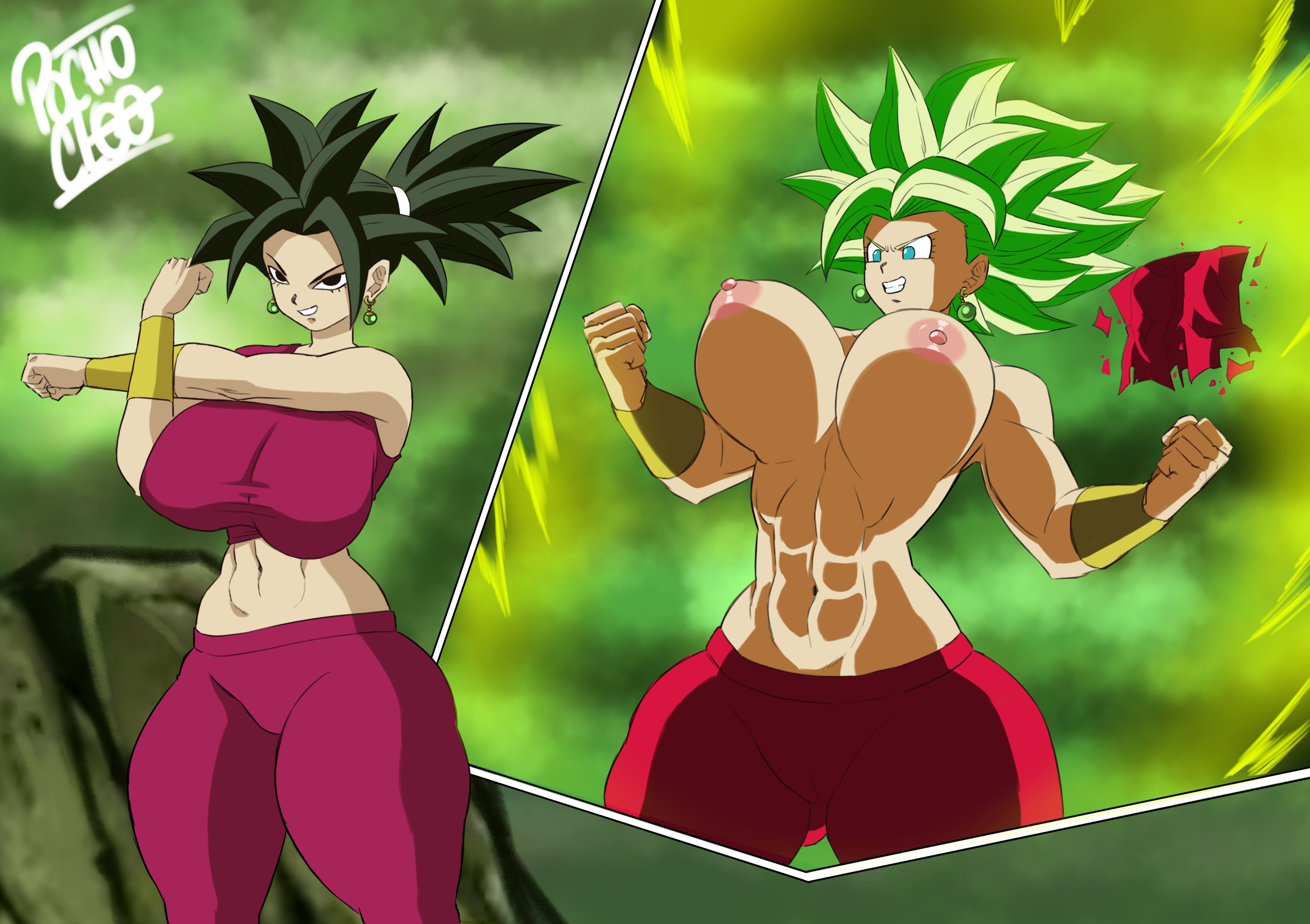 1girls, abs, big breasts, breasts, dragon ball, dragon ball super, female, female only, kefla, nipples, pochoclogigi, solo, torn clothes, wardrobe malfunction