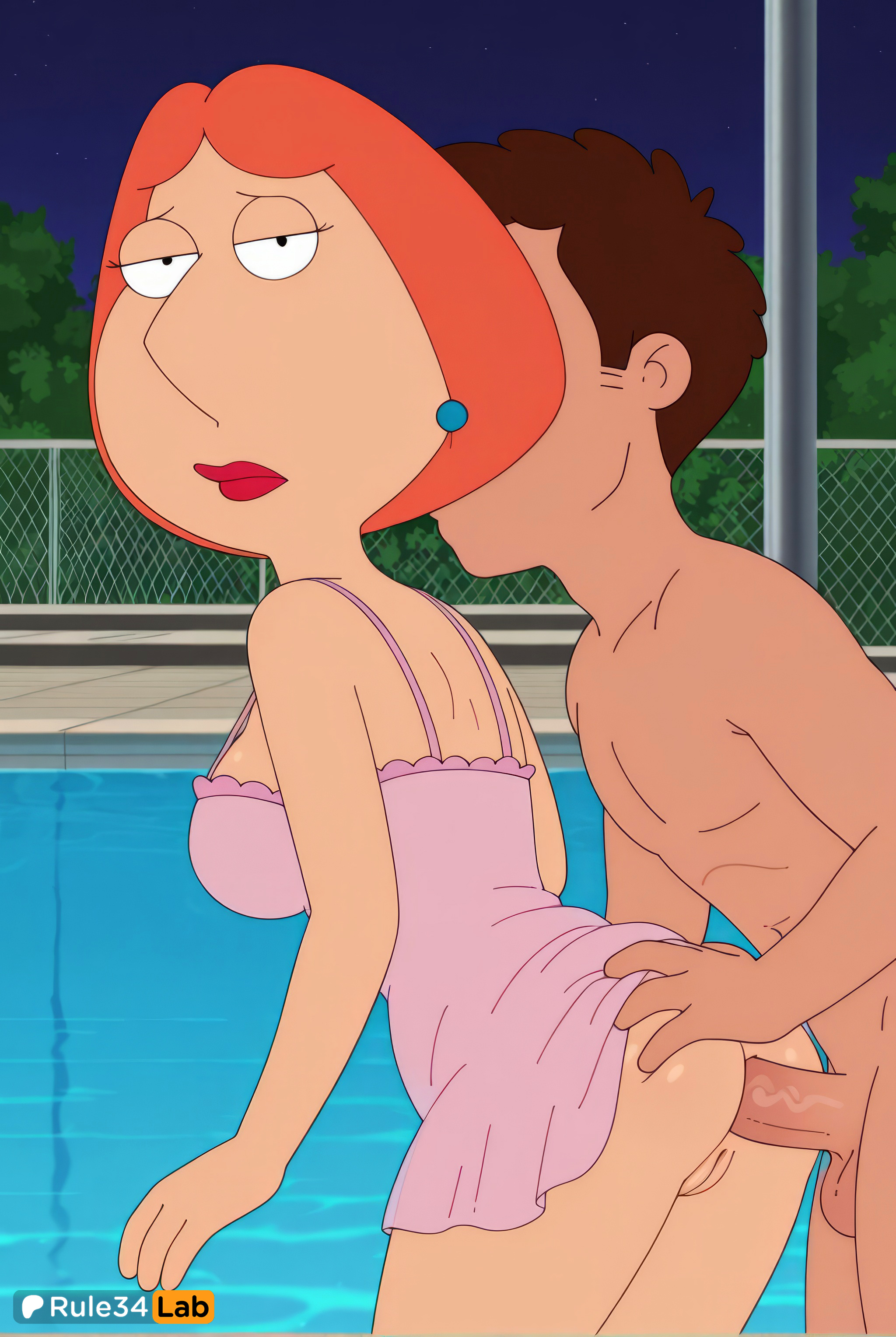 1boy, 1boy1girl, 1girls, 20th century fox, 20th century studios, ai generated, anal, anal sex, ass, ass grab, breasts, brown hair, clothed female nude male, dress, earrings, family guy, female, fence, hi res, jewelry, lipstick, lois griffin, makeup, night, nightgown, nude, orange hair, outdoors, penis, pool, pussy, rule34lab, sex, sex from behind, short hair, straight, uncensored, water
