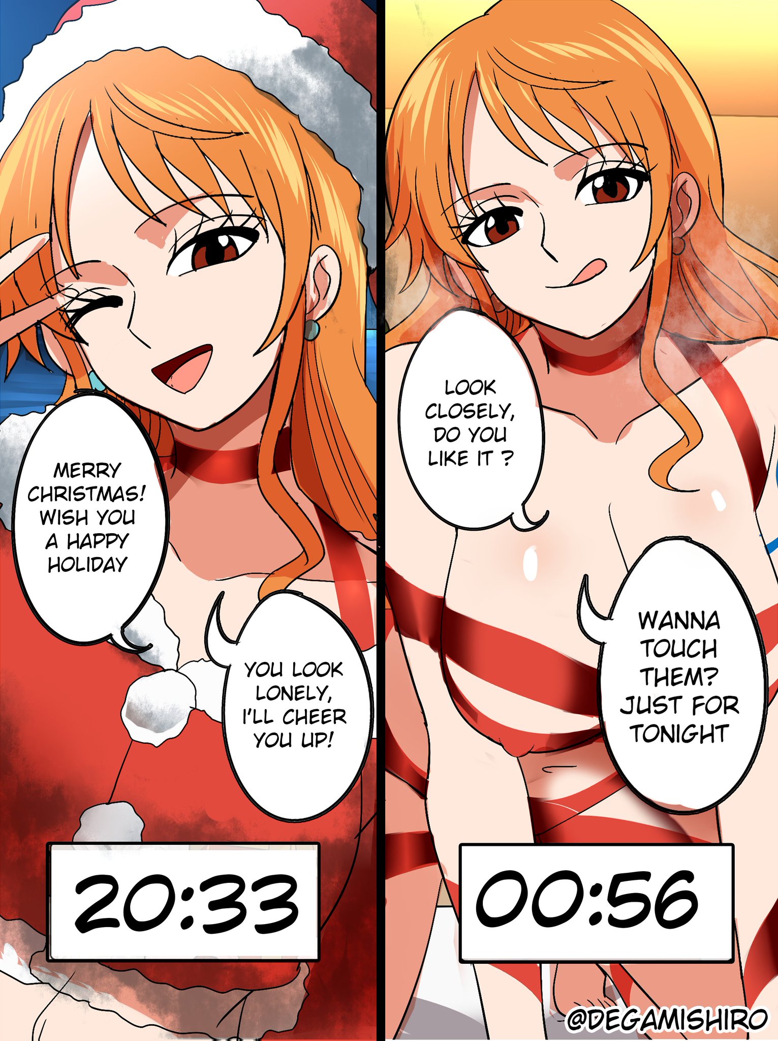 1girls, arm tattoo, big breasts, blue tattoo, brown eyes, christmas, christmas outfit, degamishiro, female, female only, huge breasts, long hair, nami, nami (one piece), one piece, orange hair, orange-haired female, red eyes, red ribbon, ribbon, santa costume, santa hat, smile, solo, tattoo, text, wink