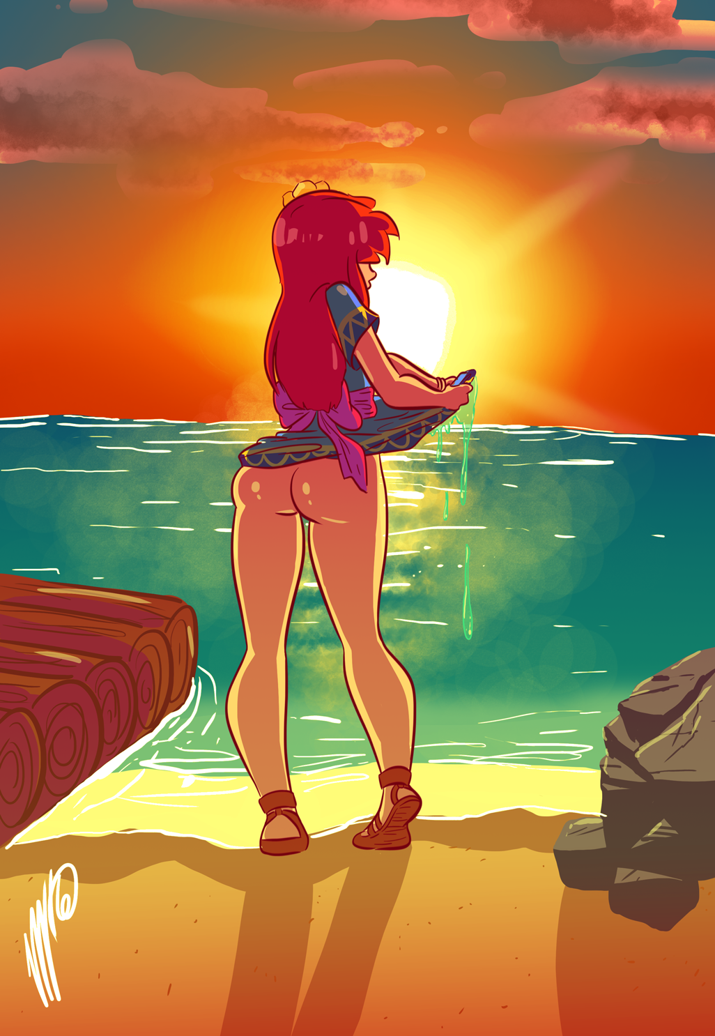 ass back_view big_ass drying_off female link's_awakening marin nintendo no_panties red_hair sgtmadness solo sunset the_legend_of_zelda