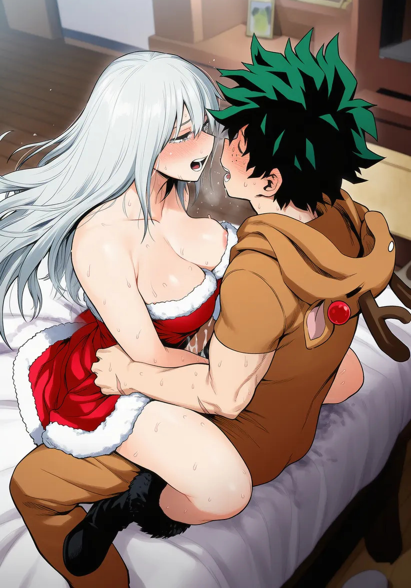 1boy, 1girls, age difference, ai generated, areolae visible through clothing, artist request, bare thighs, big breasts, blush, boku no hero academia, christmas, closed eyes, cum, cum inside, deer costume, green hair, grey eyes, huge areolae, huge breasts, huge thighs, implied sex, izuku midoriya, light skin, light-skinned female, light-skinned male, long hair, massive breasts, mature female, milf, my hero academia, older female and younger male, open mouth, rei todoroki, santa costume, squatting, sweat, sweatdrop, thick body, thick female, thick thighs, thighs, voluptuous, voluptuous female, white hair