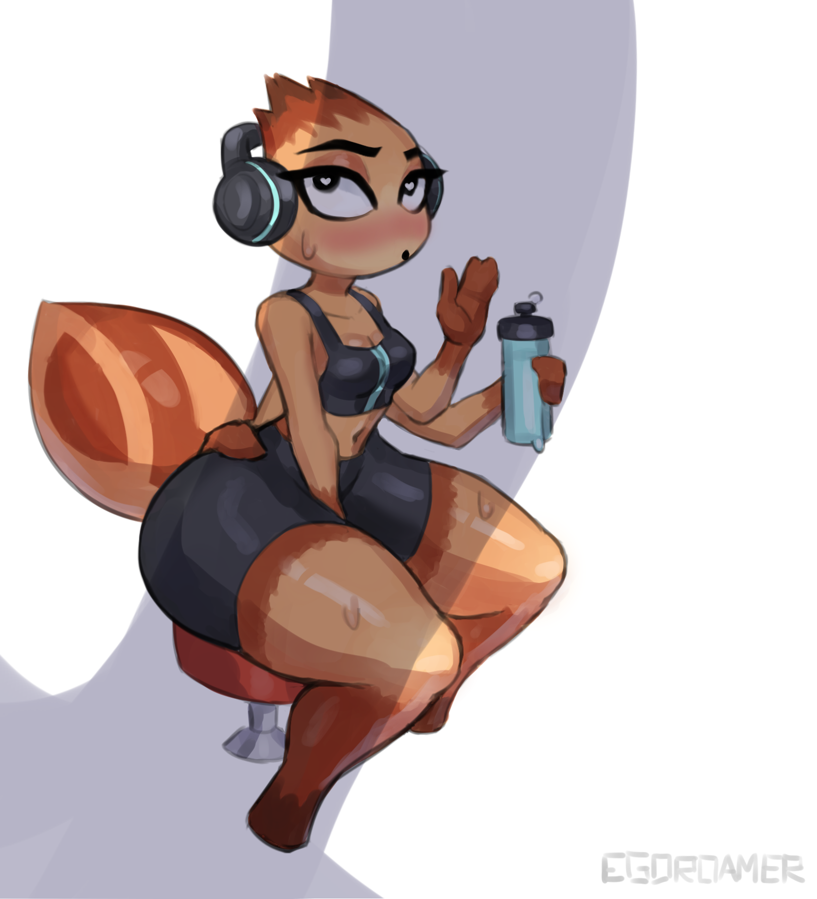 anthro, child bearing hips, egoroamer, egoroamer (artist), female, gym clothes, heart-shaped pupils, ms. tarantula (the bad guys), penis awe, penis shadow, solo, spider, tarantula, the bad guys, thick thighs, wants to be fucked