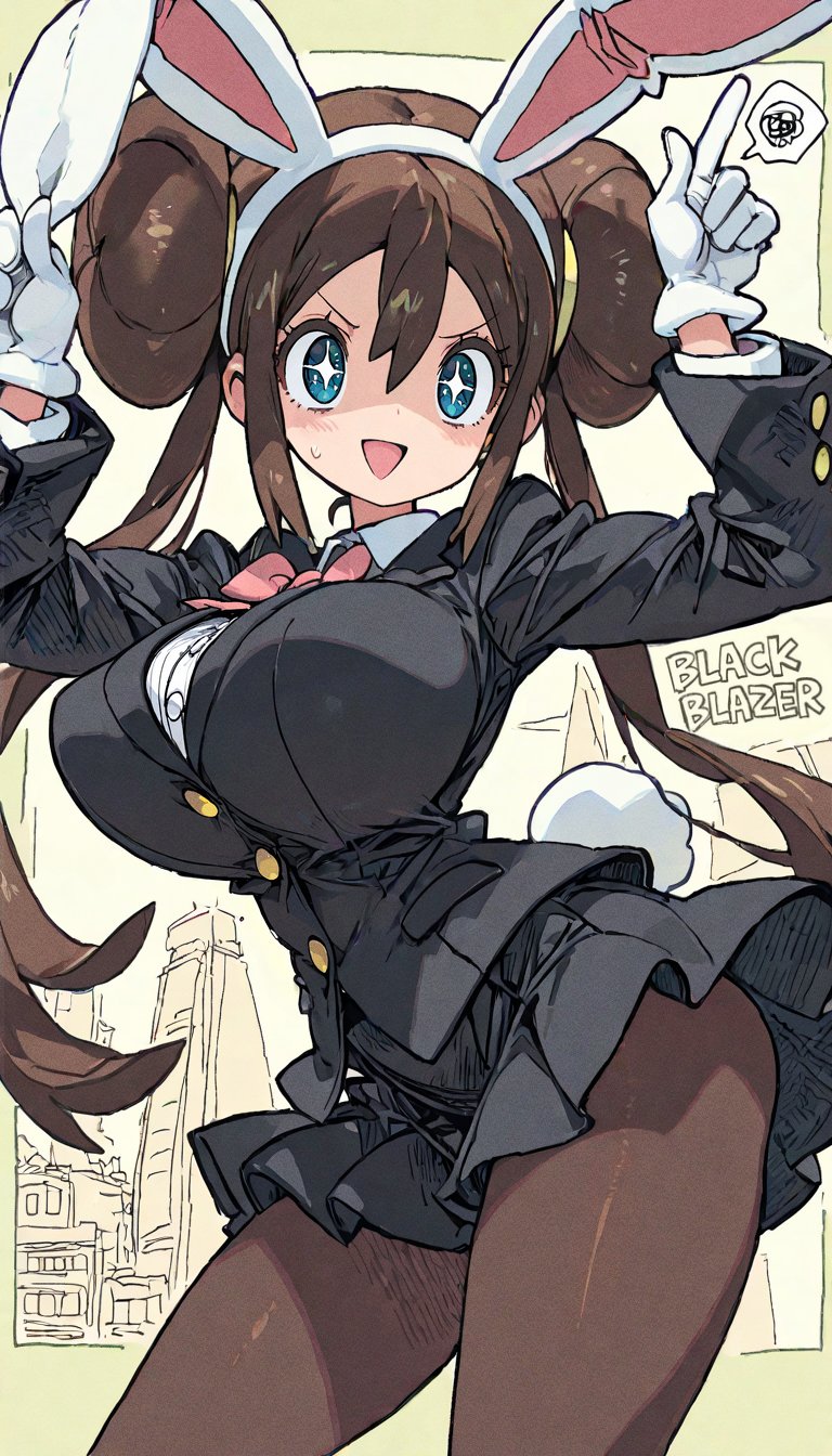 ai generated, big breasts, black suit, blue eyes, brown hair, bun hair, bunny ears, bunny girl, bunny tail, bunnysuit, green eyes, huge breasts, huge thighs, pokemon, rosa (pokemon), stockings, suit, thighs, tkt aiart, twintails