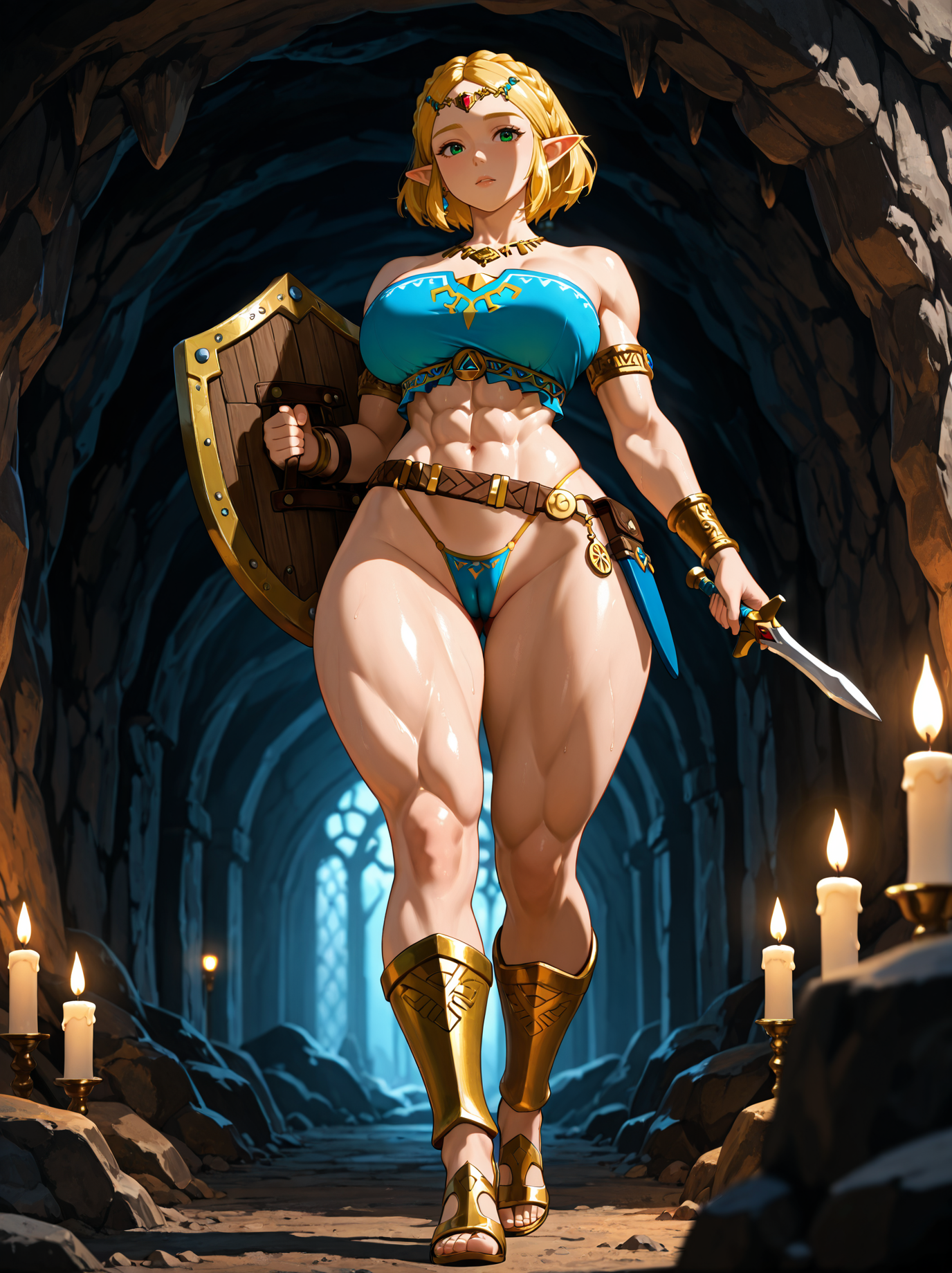 1girls, 2d, abs, ai generated, aistuffo, belt, big breasts, blonde hair, cameltoe, candle, candlelight, cave, clothed, dagger, elf ears, female, female only, green eyes, heels, indoors, legs, muscular, muscular female, princess, princess zelda, shield, short hair, skimpy, skimpy clothes, solo, tears of the kingdom, the legend of zelda, thick thighs, thighs, thong, tiara, tight clothing, zelda (tears of the kingdom)