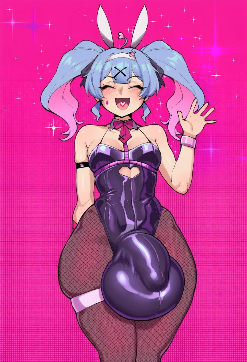 1boy, ai generated, amiamia, animal ears, bare shoulders, blue hair, blush, bulge, closed eyes, detached collar, earrings, erection, fake animal ears, fishnet pantyhose, fishnets, futa only, futanari, goghkunn, hair ornament, hatsune miku, heart, heart in mouth, huge bulge, jewelry, leotard, long hair, male focus, male playboy bunny, multicolored hair, necktie, open mouth, otoko no ko, pantyhose, penis, pink background, pink hair, playboy bunny, rabbit ears, rabbit hole (vocaloid), skindentation, smile, solo, sparkle, testicles, thick thighs, thigh strap, twintails, virtual youtuber, waving, x hair ornament