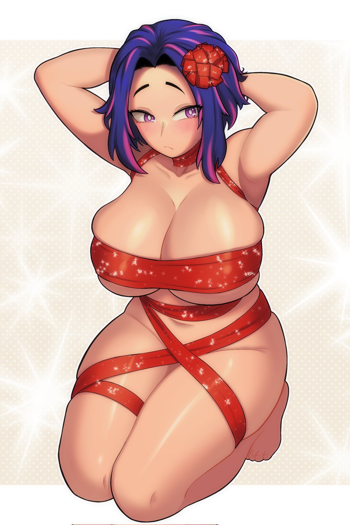 1girls, big breasts, blush, boku no hero academia, breasts, cleavage, evoltodraw, female, female only, hair ornament, huge breasts, kaina tsutsumi, lady nagant, looking at viewer, multicolored hair, my hero academia, naked ribbon, nude, purple eyes, purple hair, ribbon, skindentation, solo, thick thighs, thighs, tsutsumi kaina