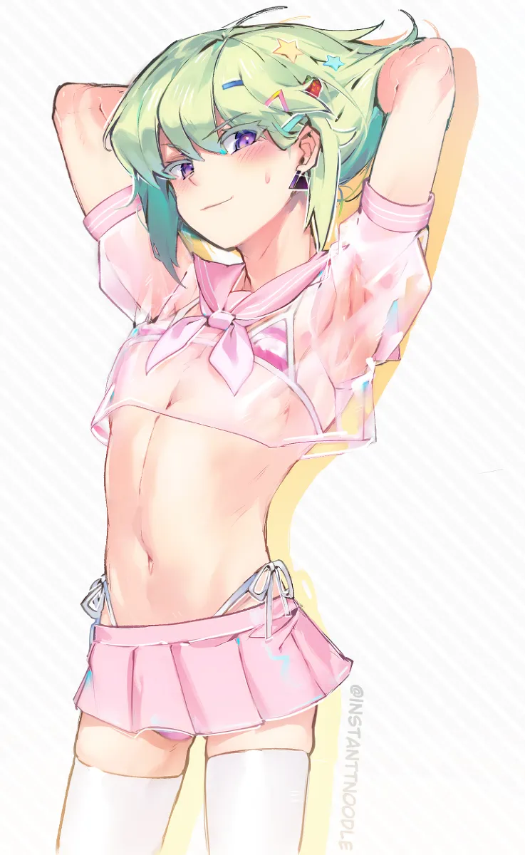 1boy, androgynous, bikini, blush, crossdressing, embarrassed, femboy, femboy only, instanttnoodle, lio fotia, male, petite, petite body, petite male, promare, sailor collar, sailor uniform, seductive, seductive look, see-through, see-through clothing, skirt, slim, slim male, slim waist, solo, stockings, suggestive look, thighhighs, transparent clothing, twink