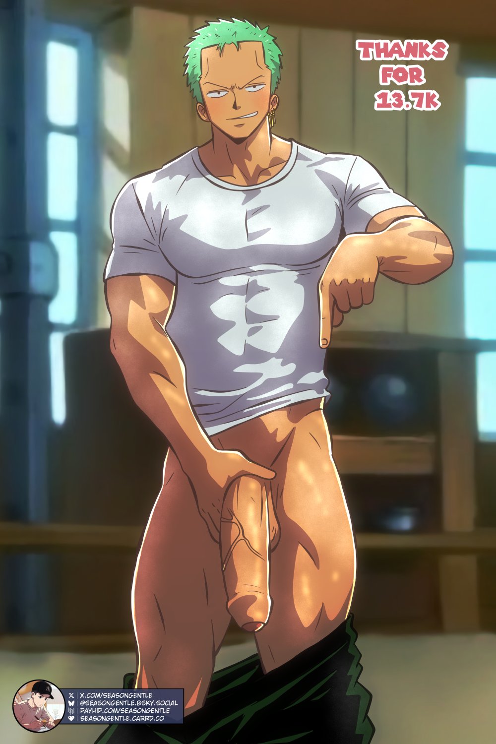 1boy, 1male, 1man, abs, balls, bara, bara tiddies, bara tits, barazoku, biceps, big cock, big dick, big dick energy, big pecs, big penis, blush, blushing at viewer, earrings, flaccid, flaccid penis, foreskin, grabbing cock, grabbing dick, grabbing penis, green hair, green pants, half naked, half naked male, half nude, half nude male, half-dressed, imminent oral, imminent sex, japanese male, large cock, large dick, large penis, looking at viewer, macho, male, male focus, male only, malicious smile, masculine, masculine male, muscles, muscular, muscular arms, muscular legs, muscular male, muscular shoulders, no underwear, one piece, pants, pants down, pecs, pectorals, penis down, pirate, pointing at penis, pre-timeskip, roronoa zoro, seasongentle, shaved balls, shaved body, shaved penis, shaved pubes, shirt, shirt only, smile, smiling, smiling at viewer, solo, solo focus, solo male, tan, tan body, tan skin, tanned, tanned body, tanned male, tanned skin, testicles, text, trapezius, uncircumcised, uncut, vein, veins, veins on cock, veins on dick, veins on penis, veiny, veiny cock, veiny dick, veiny penis, white shirt, yaoi, zoro, zoro (one piece)