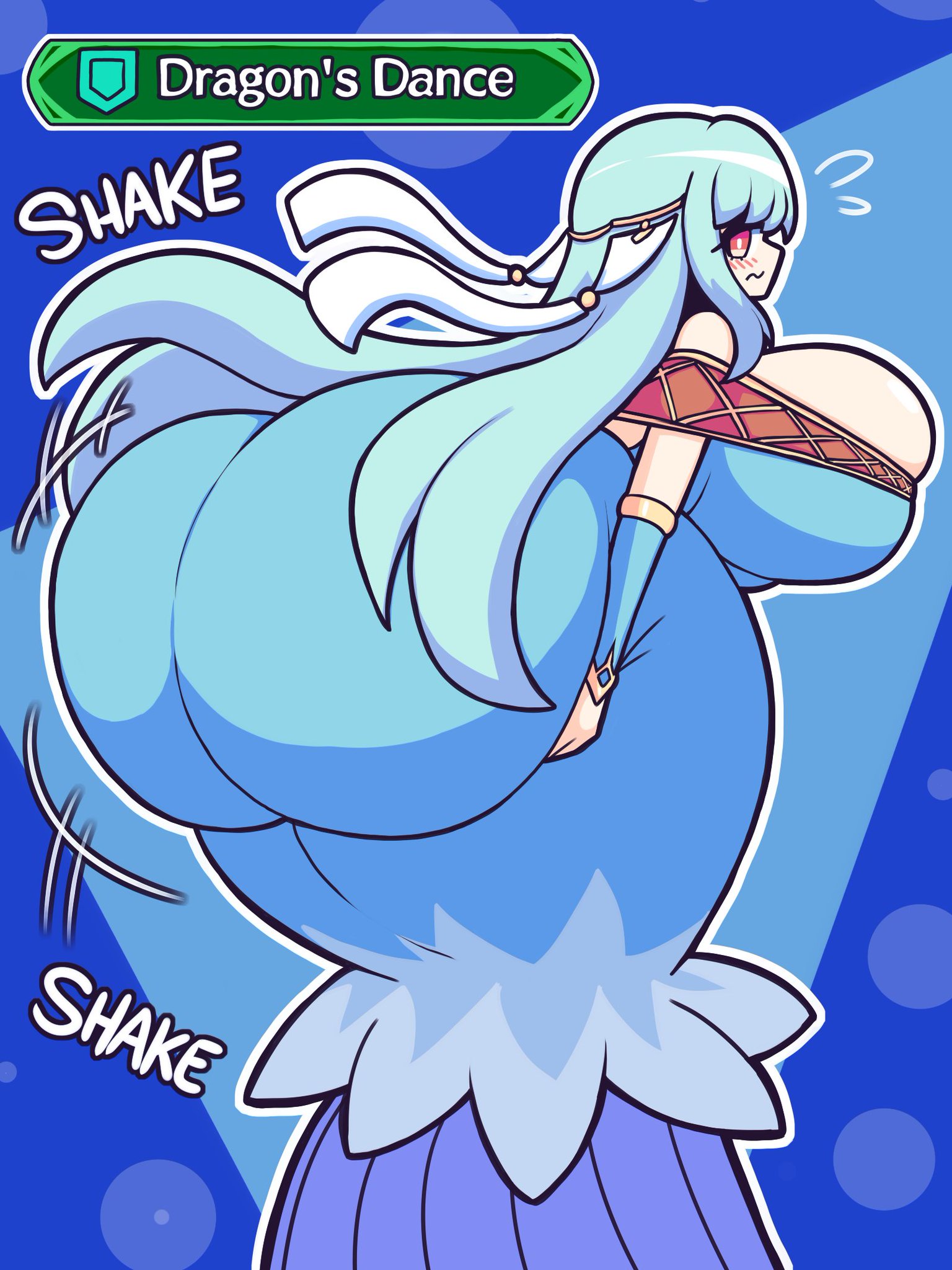 ass, ass focus, ass grab, ass in dress, ass shake, bent over, big ass, big breasts, blue hair, breasts, dress, female, fire emblem, fire emblem: the blazing blade, gensin, grabbing own ass, looking back, ninian (fire emblem), shaking ass, shaking butt, sideboob, twerking