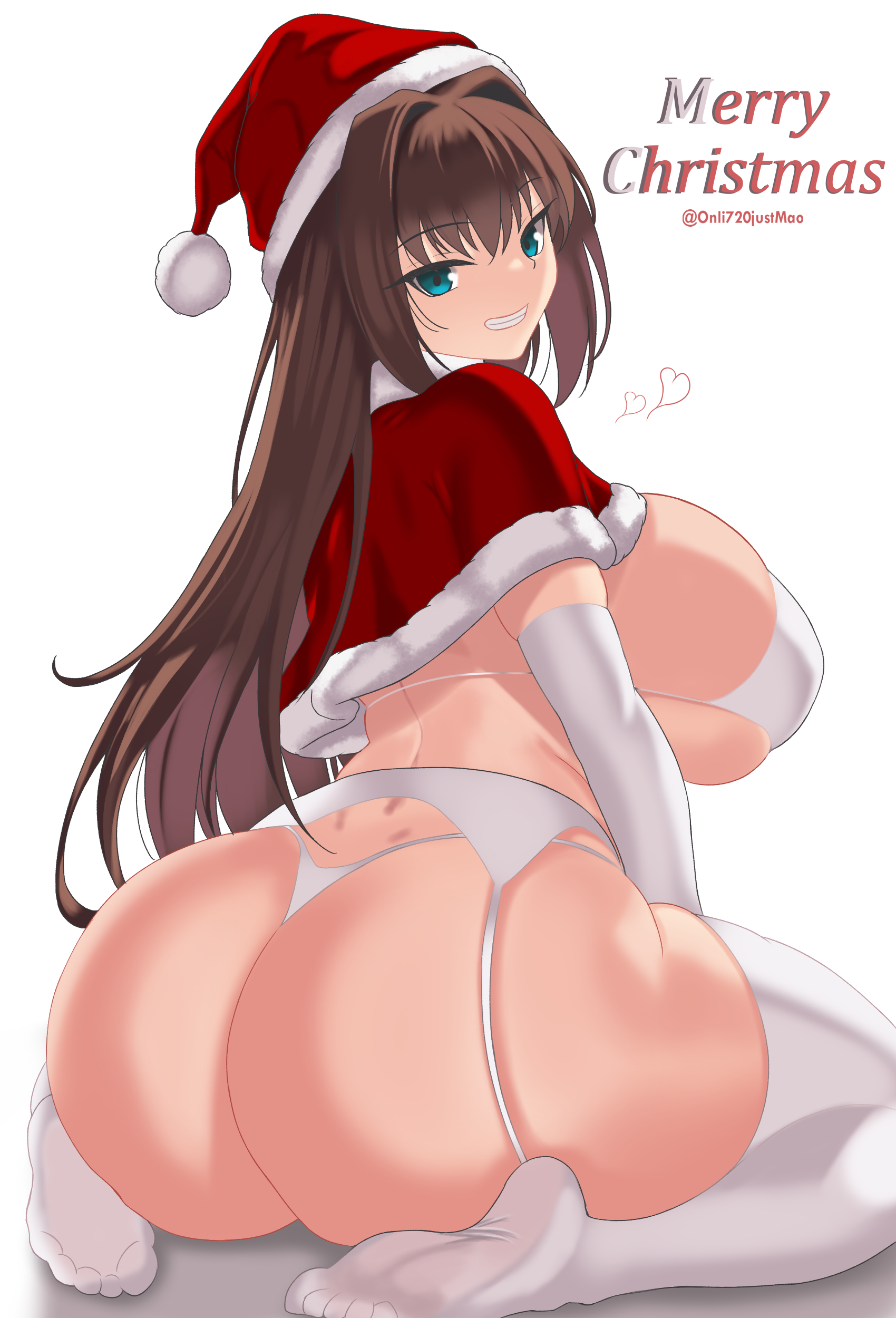 absurdres, aozaki aoko, ass, back, bikini, blue eyes, blush, breasts, brown hair, capelet, elbow gloves, female, fur trim, fur-trimmed headwear, garter belt, garter straps, gloves, grin, hair intakes, hat, highres, huge ass, large breasts, long hair, looking at viewer, looking back, mahou tsukai no yoru, merry christmas, onli720, red capelet, red hat, santa hat, sideboob, sidelocks, sitting, smile, swimsuit, thighhighs, white bikini, white gloves, white thighhighs, wide hips