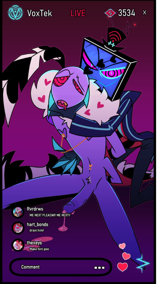 2boys, anthro, couple, cum drip, cum shot, cumming, dominant male, drooling, exhibitionism, gay, gay couple, hazbin hotel, humiliation fetish, hypnosis, hypnotic eyes, hypnotized male, hypnotized parter, live chat, live stream, male, moth, praise, purple skin, recording, red eyes, smirking at viewer, smug, submissive male, valentino (hazbin hotel), vox (hazbin hotel), vulnerable, yaoi