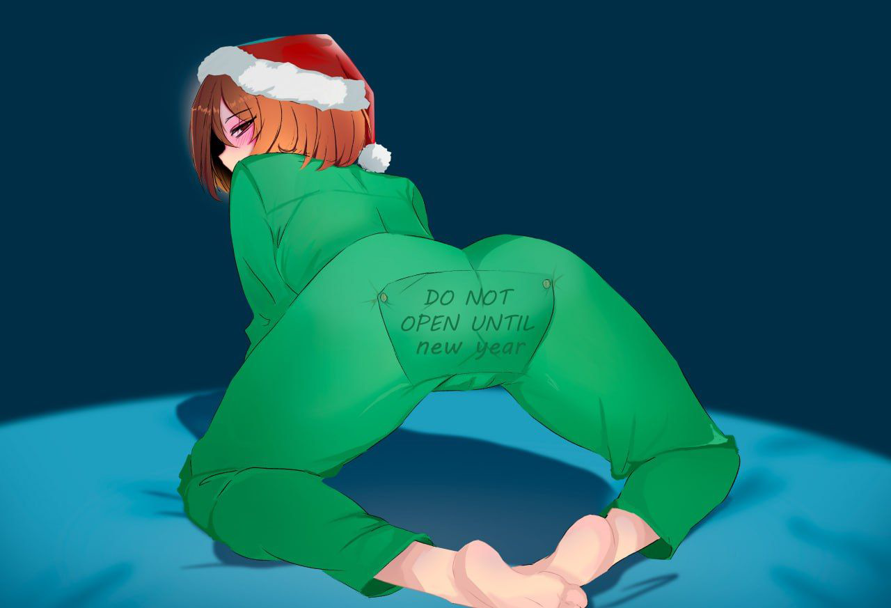 adulttale, ambiguous gender, barefoot, blush, brown hair, butt flap, color, colored, female frisk, frisk, frisk (undertale), green pajamas, light skin, long johns, new year, red eyes, santa hat, short hair, simple background, solo, tagme