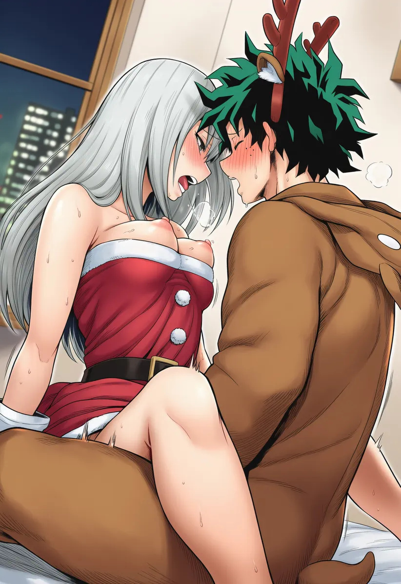 1boy, 1girls, age difference, ai generated, areolae visible through clothing, artist request, bare thighs, big breasts, blush, boku no hero academia, christmas, closed eyes, deer costume, exposed breasts, green hair, grey eyes, huge areolae, huge breasts, huge nipples, huge thighs, implied sex, izuku midoriya, large breasts, light skin, light-skinned female, light-skinned male, long hair, mature female, milf, my hero academia, nipples visible through clothing, older female and younger male, open mouth, puffy nipples, rei todoroki, santa costume, squatting, sweat, sweatdrop, thick body, thick female, thick thighs, thighhighs, thighs, voluptuous, voluptuous female, white hair
