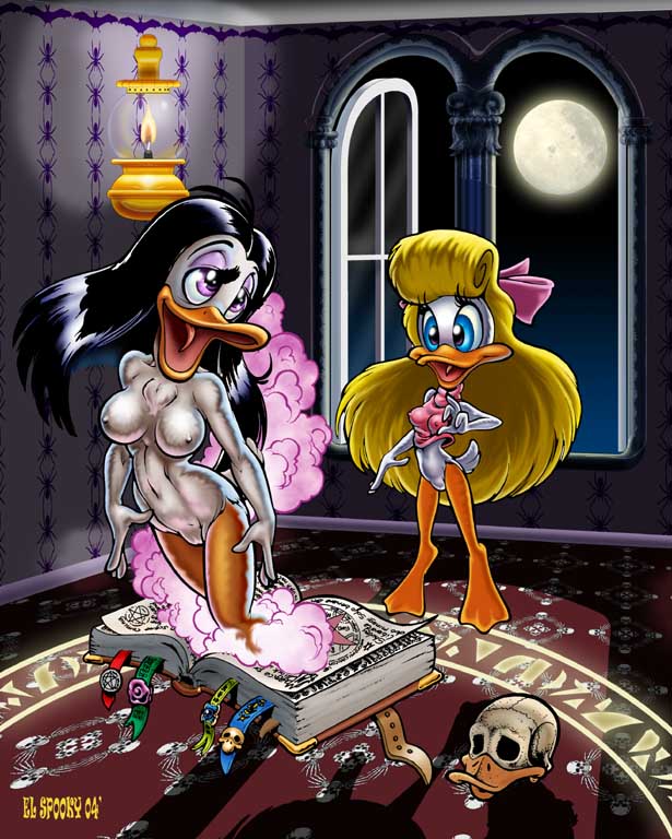 2004 2girls age_difference anthro black_hair blonde_hair blue_eyes book crossover disney duck ducktales female female_only full_moon loon magica_de_spell moon multiple_girls nipples purple_eyes shirley_the_loon skull soft_feathers steve_martin tiny_toon_adventures warner_brothers year young