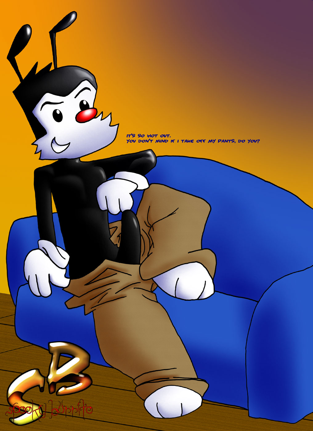 animaniacs anthro black_fur clothes color feral fur furry male male_only penis red_nose sitting solo spooky_burrito tagme topless white_fur yakko_warner