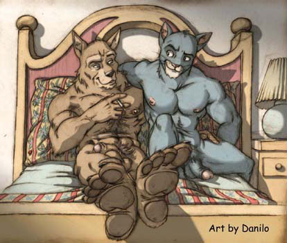 2boys 4_toes anthro balls bed black_body black_fur blacksad brown_body brown_fur buste_smirnov cabinet feet flaccid flaccid_penis foot_focus furry furryrevolution inside john_blacksad lamp looking_at_another male/male male_only nipples nude pecs penis pillow prick_ears smoking whiskers