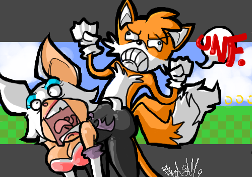 anthro bat cleavage clothes doggy_style female fox frown fur furry_tail interspecies male multi_tail nude open_mouth rouge_the_bat sega sex sonic_(series) speech_bubble straight straight_hair tail tails text unf wings