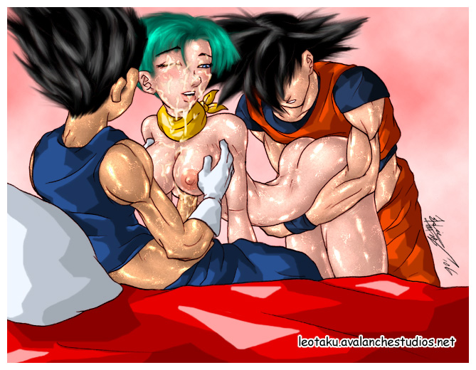 1girls 2006 2boys biceps bulma_briefs dragon_ball dragon_ball_z female goku human leotaku male muscles paizuri son_goku straight straight_hair swingers threesome vegeta