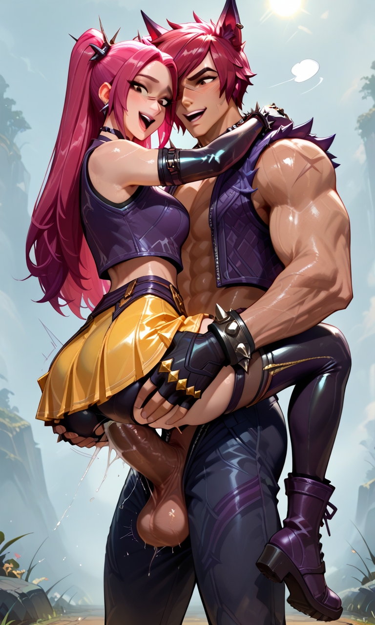 1boy, 1girls, ai generated, animal ears, big breasts, breasts, cum, cum inside, excited, female, huge cock, kpop demon hunters, league of legends, male, mira (kpop demon hunters), muscular, muscular male, penis, pink hair, red hair, sett, smile, standing sex