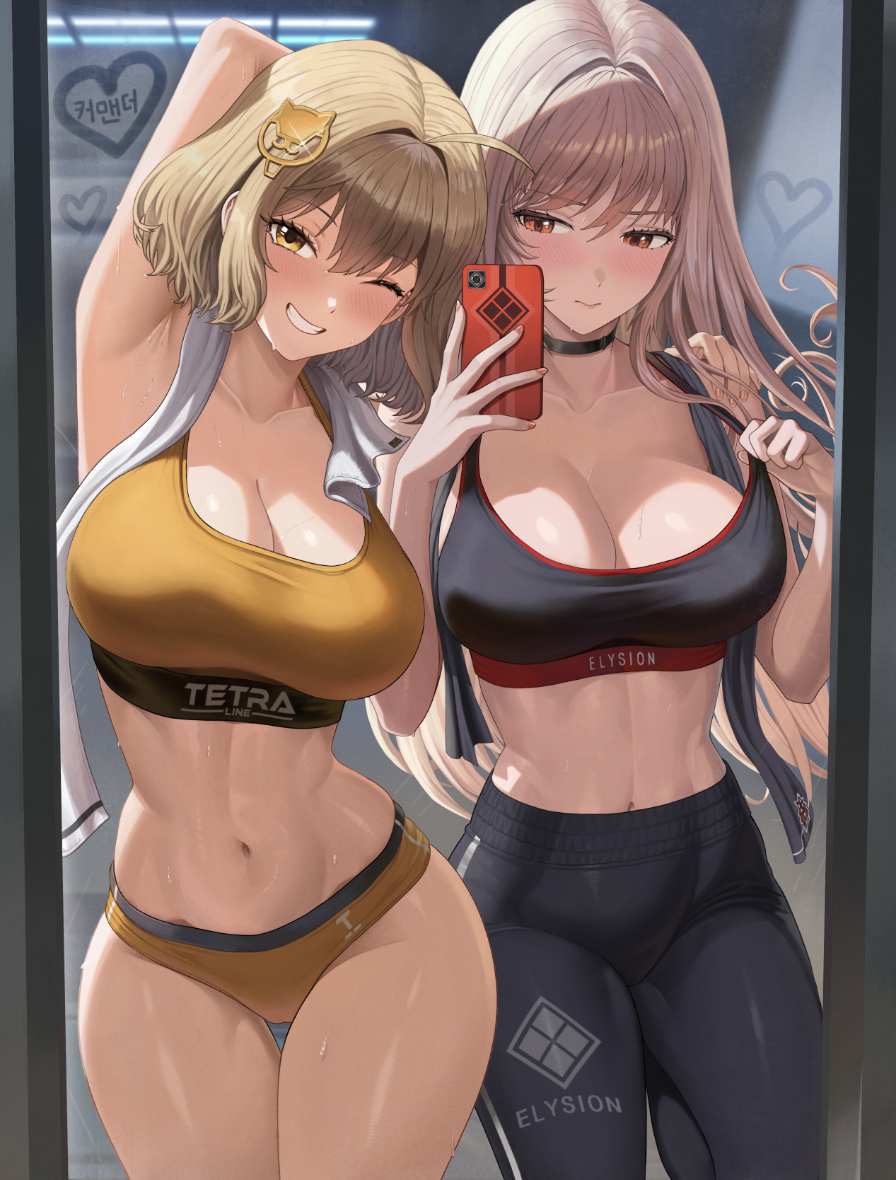 2girls, anis (nikke), armpits, black leggings, blush, breasts, brown hair, buruma, choker, cleavage, closed mouth, collarbone, counters (nikke), cowboy shot, embarrassed, female, goddess of victory: nikke, grin, hair ornament, highres, indoors, large breasts, leggings, long hair, looking at viewer, mirror, mirror selfie, multiple females, multiple girls, navel, one eye closed, pink hair, rapi (nikke), red eyes, selfie, short hair, short shorts, shorts, silvertsuki, smile, sports bra, sportswear, standing, sweat, towel, towel around neck, wink