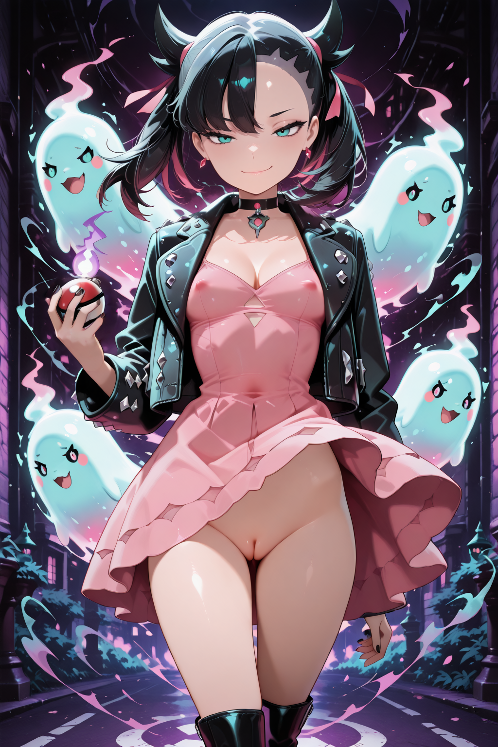 ai_generated arbitrary black_hair choker dress dress_lift ghost jacket marnie_(pokemon) nipples_visible_through_clothing pokeball pokemon pussy small_breasts