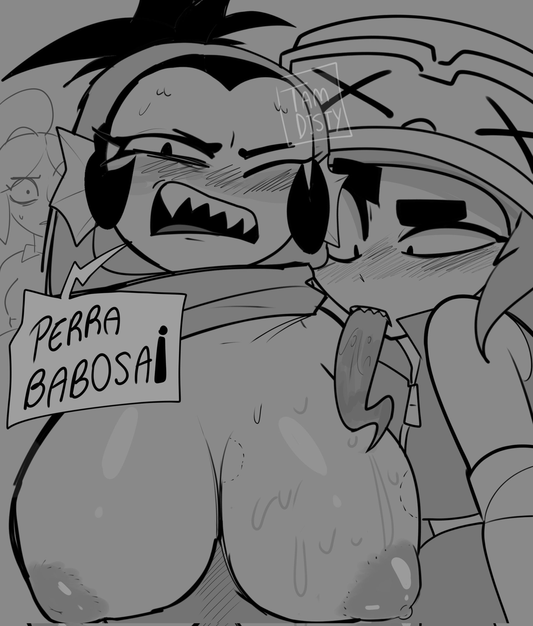 2girls, alli (brawl stars), big breasts, big nipples, bite mark, blush, brawl stars, breast lick, breast sucking, breasts, cool hat, female, female anthro, green hair, hat, lesbian domination, monochrome, partially clothed, piper (brawl stars), shy, sketch, slimy, surprised, tamdisty, text, tongue, tongue out, wet skin, willow (brawl stars), yuri