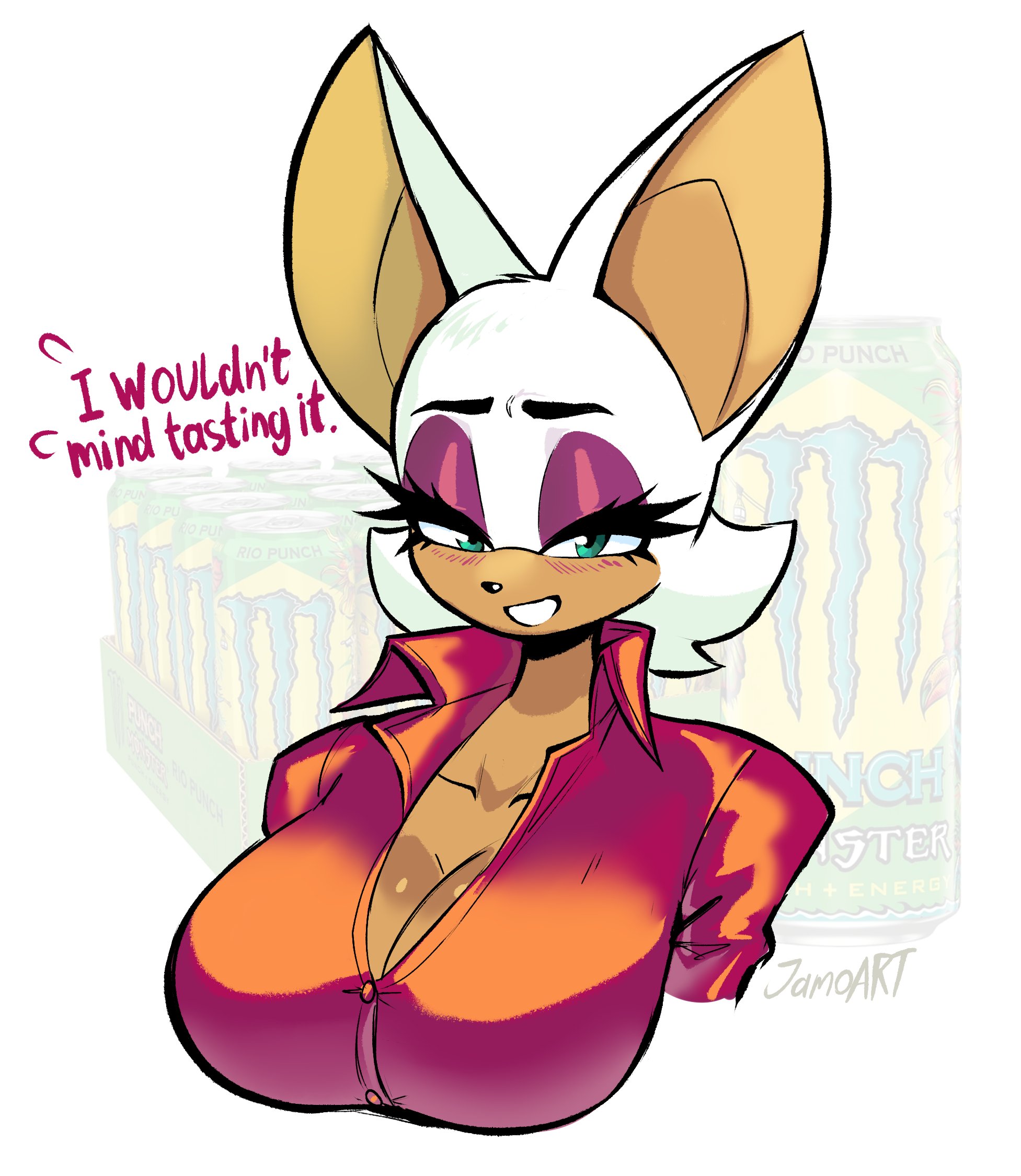 1girls, anthro, anthro female, anthro only, artist name, bat ears, bat girl, big breasts, breasts, busty, button down shirt, cleavage, english text, female, furry, furry female, furry only, green eyes, jamoart, mobian (species), monster energy, monster energy can, purple eyeshadow, rouge the bat, sonic (series), sonic the hedgehog (series), white fur