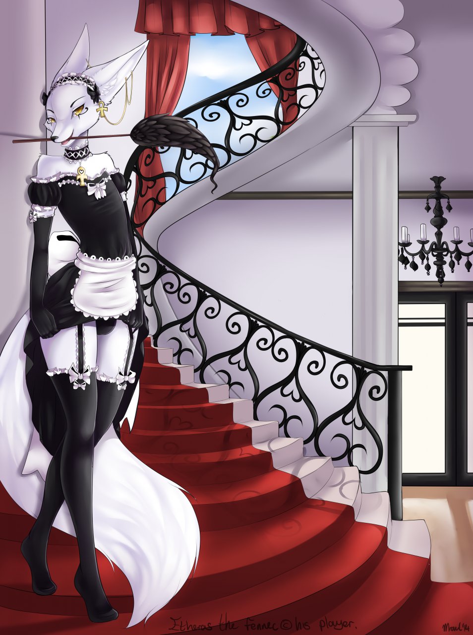 1boy anthro crossdressing earring etheras feather_duster fennec furry girly looking_at_viewer maid maid_uniform male male_only mansion object_in_mouth open_mouth solo thighhighs trap western_art white_fur yellow_eyes