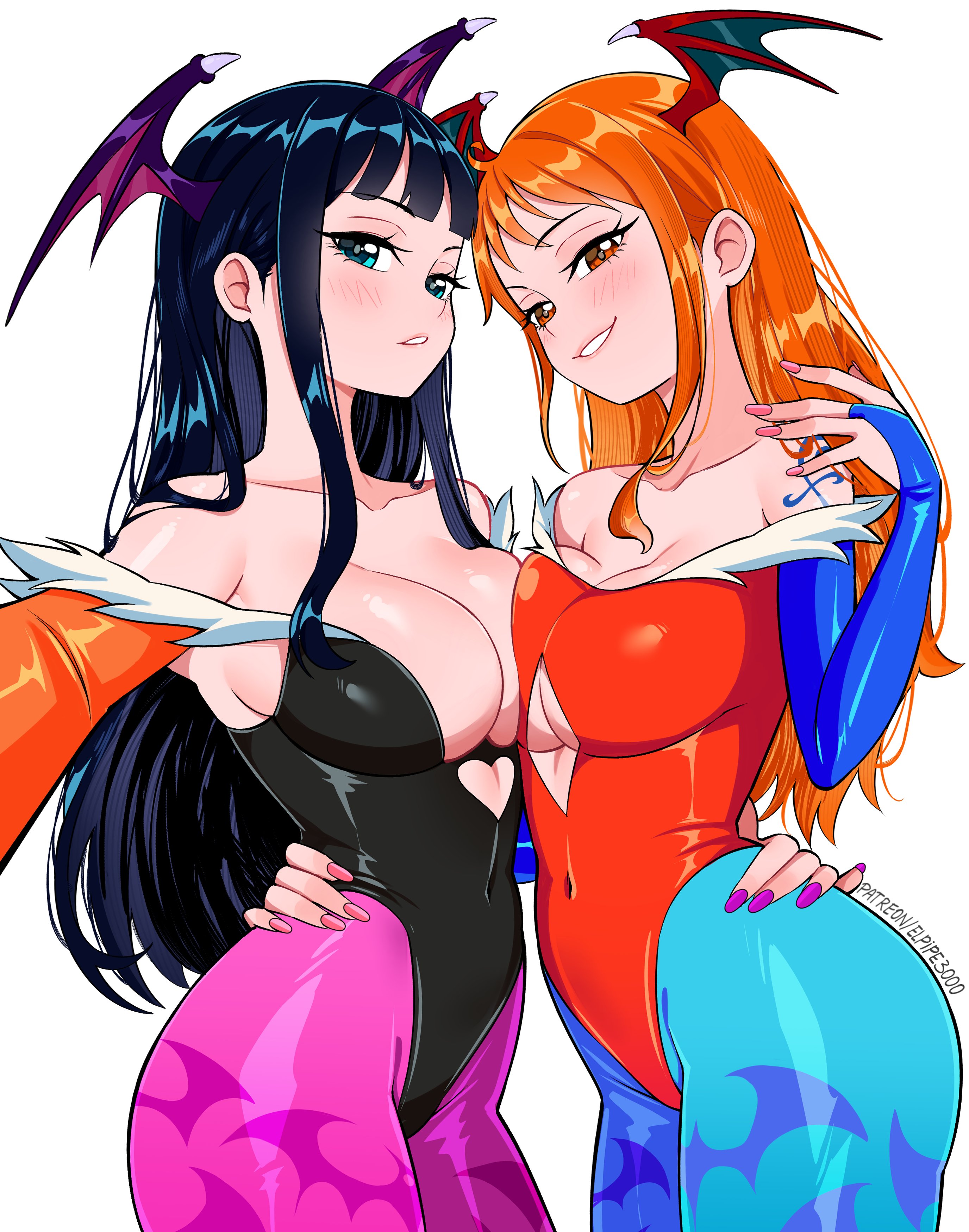 2girls, arm tattoo, arms around waist, artist name, bare shoulders, bat wings, big breasts, black hair, black-haired female, blue eyes, blue tattoo, breasts, breasts pressed against another, brown eyes, busty, cleavage, cosplay, darkstalkers, elpipe3000, female, female only, head wings, large breasts, light skin, light-skinned female, lilith aensland (cosplay), morrigan aensland (cosplay), multiple females, multiple girls, nami (one piece), nico robin, one piece, orange hair, orange-haired female, tattoo, tights, white background