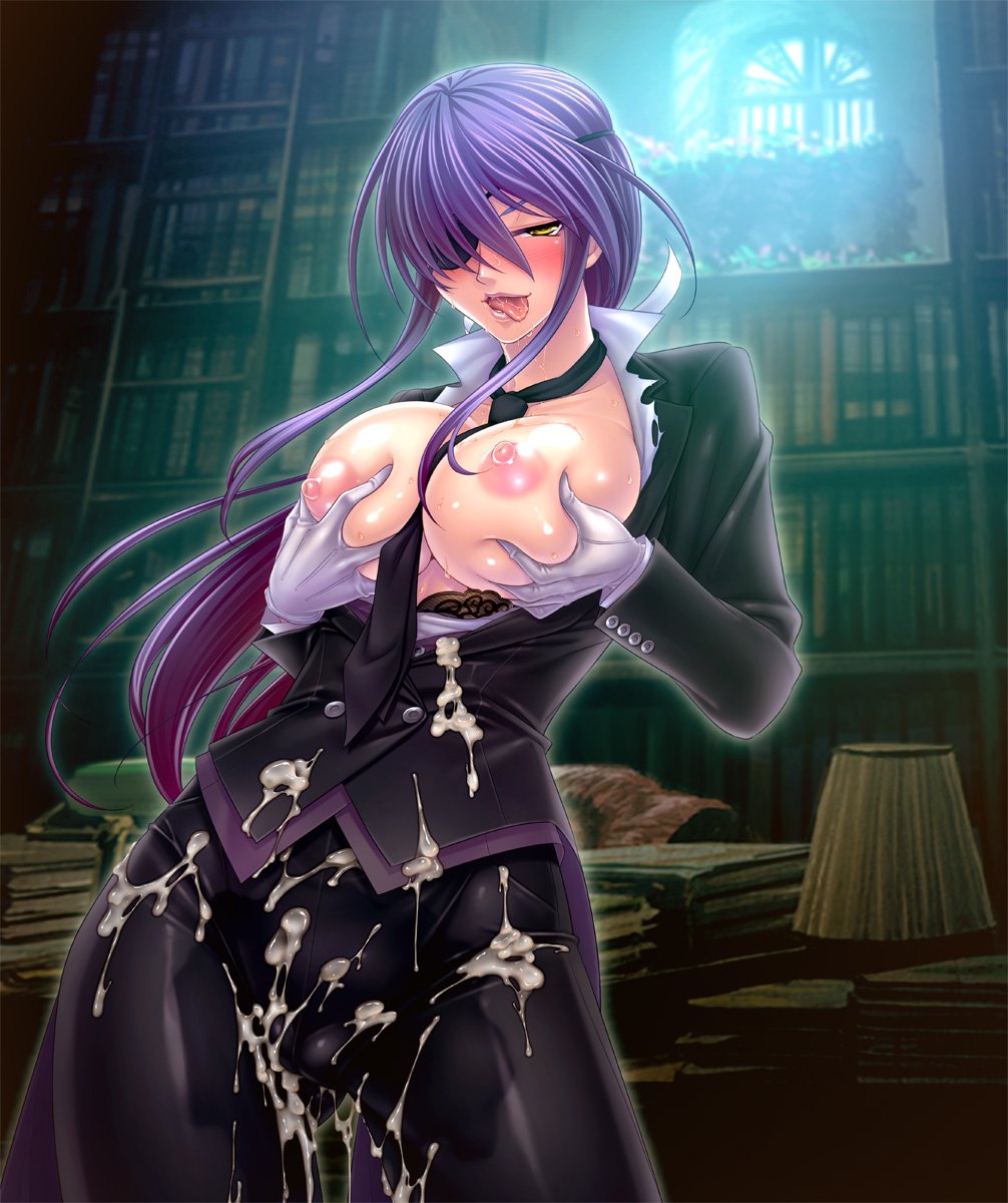 blush book breast_grab breasts butler cameltoe cum cum_on_body cum_on_clothes cum_on_lower_body eye_patch female formal gloves grabbing large_breasts long_hair looking_at_viewer naughty_face nipples onmyou_kishi_towako open_clothes open_shirt ponytail puffy_nipples purple_hair saliva shiki_reika shiny_skin shirt skin_tight smile solo sweat tailcoat taimanin_asagi taimanin_asagi_battle_arena tied_hair tongue tongue_out torn_clothes yellow_eyes