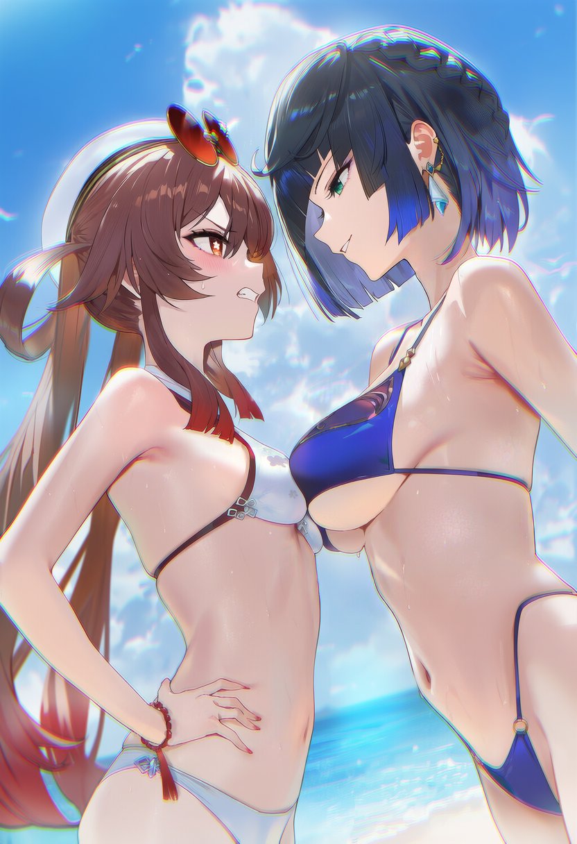 2girls, ai generated, angry, armpit crease, armpits, beach, bikini, blue bikini, blue hair, blue sky, blush, bracelet, breast press, breasts, brown hair, cloud, cloudy sky, earrings, eyewear on head, female, fingernails, genshin impact, green eyes, hand on own hip, hat, highres, hu tao (genshin impact), jewelry, large breasts, long hair, looking at another, multicolored eyes, multicolored hair, multiple females, multiple girls, nail polish, ocean, red eyes, red hair, red nails, round eyewear, sand, short hair, shuraillusts, sky, small breasts, smug, stomach, sweat, swimsuit, symmetrical docking, teeth, white bikini, yelan (genshin impact)