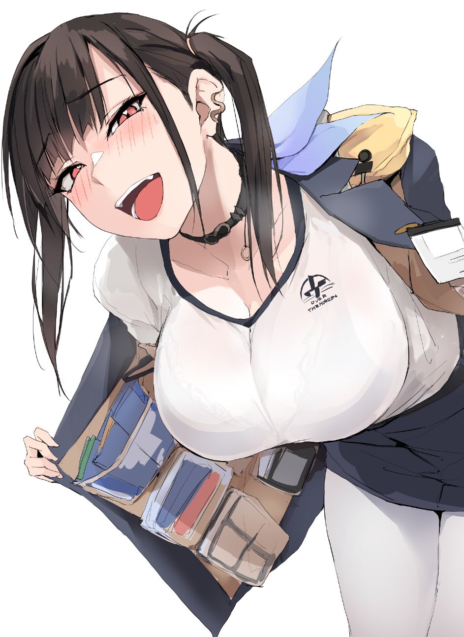 1girls, black choker, blue skirt, blue suit, blush, bra visible through clothes, breasts, brown hair, choker, cleavage, collarbone, female, formal clothes, goddess of victory: nikke, highres, jacket, large breasts, looking at viewer, medium hair, open clothes, open jacket, open mouth, pantyhose, red eyes, shirt, skirt, solo, sora (nikke), suit, twintails, white background, white pantyhose, white shirt, zekkyon