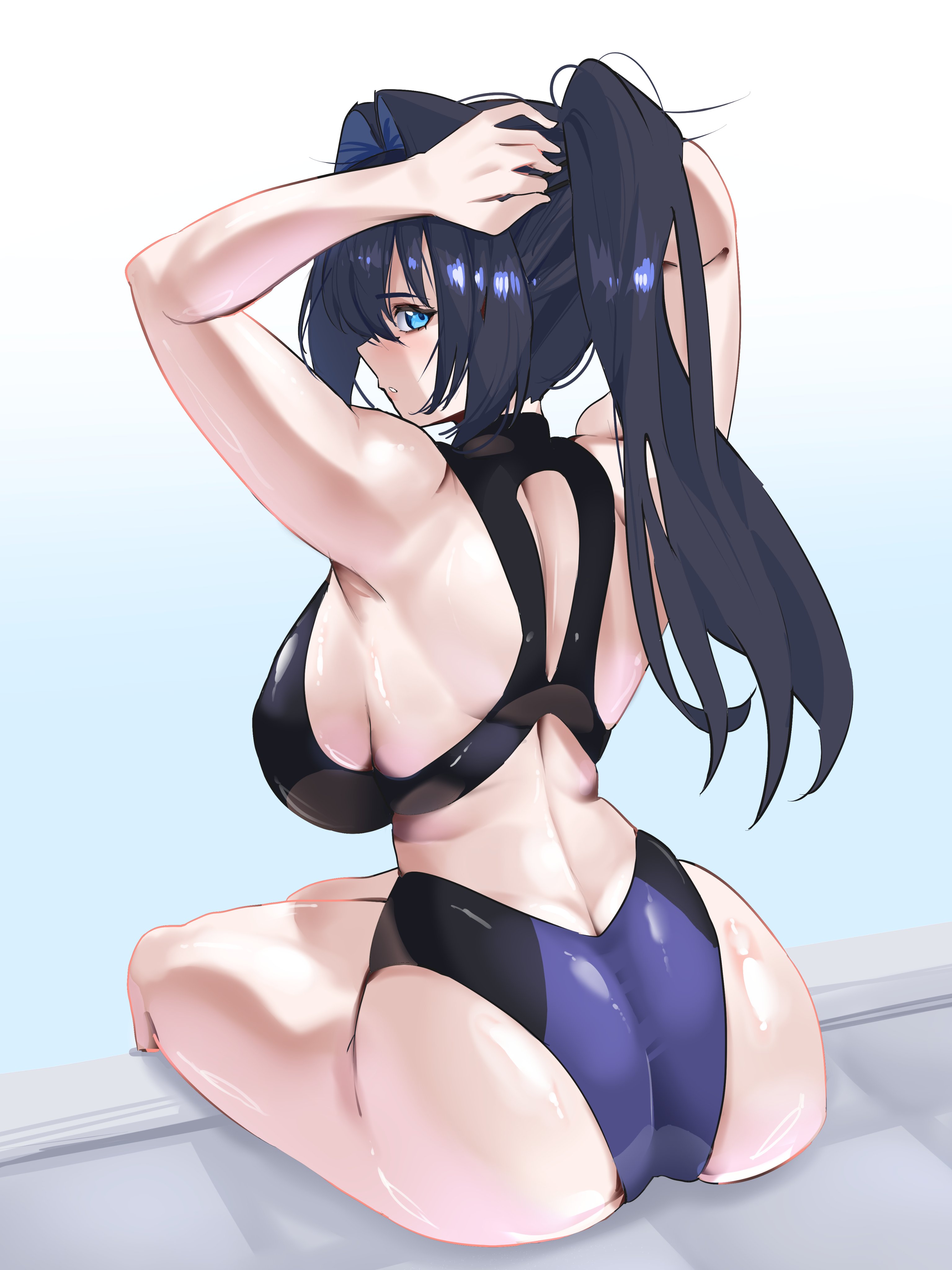 1girls, 2025, absurd res, absurdres, arms behind head, arms up, ass, back, back view, backboob, big ass, blue eyes, blue hair, breasts, dark hair, facing away, female, female only, hair intakes, hand on head, hi res, high resolution, highres, hololive, hololive english, hololive english -council-, hololive english -promise-, huge ass, koizumi arata, large ass, long hair, looking at viewer, ouro kronii, ouro kronii (holonatsu paradise outfit), ponytail, sitting, solo, swimsuit, tagme, virtual youtuber
