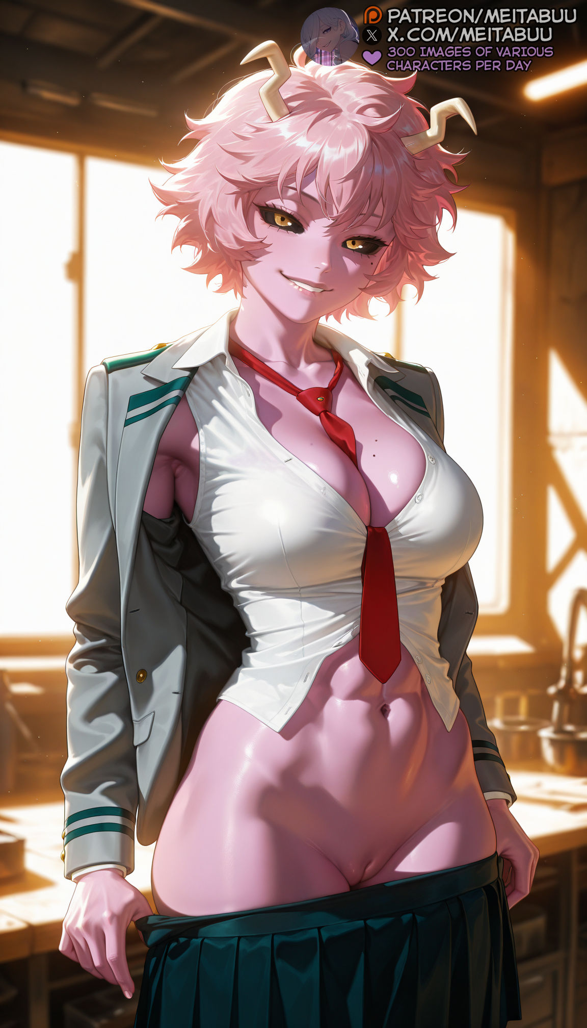 1girls, abs, ai generated, ashido mina, between breasts, black sclera, blazer, blurry background, boku no hero academia, breasts, classroom, cleavage, cleft of venus, clothes pull, collarbone, collared shirt, colored sclera, colored skin, cowboy shot, desk, female, green skirt, grey jacket, grin, horns, indoors, jacket, large breasts, long sleeves, looking at viewer, meitabuu, messy hair, mole, mole on breast, my hero academia, navel, necktie, necktie between breasts, no panties, open clothes, open jacket, parted lips, pink hair, pink skin, pleated skirt, pulled by self, pussy, red necktie, school uniform, seductive smile, shirt, short hair, skirt, skirt pull, smile, solo, stomach, toned, u.a. school uniformmina ashido, uncensored, undressing, white shirt, window, yellow eyes, yellow horns