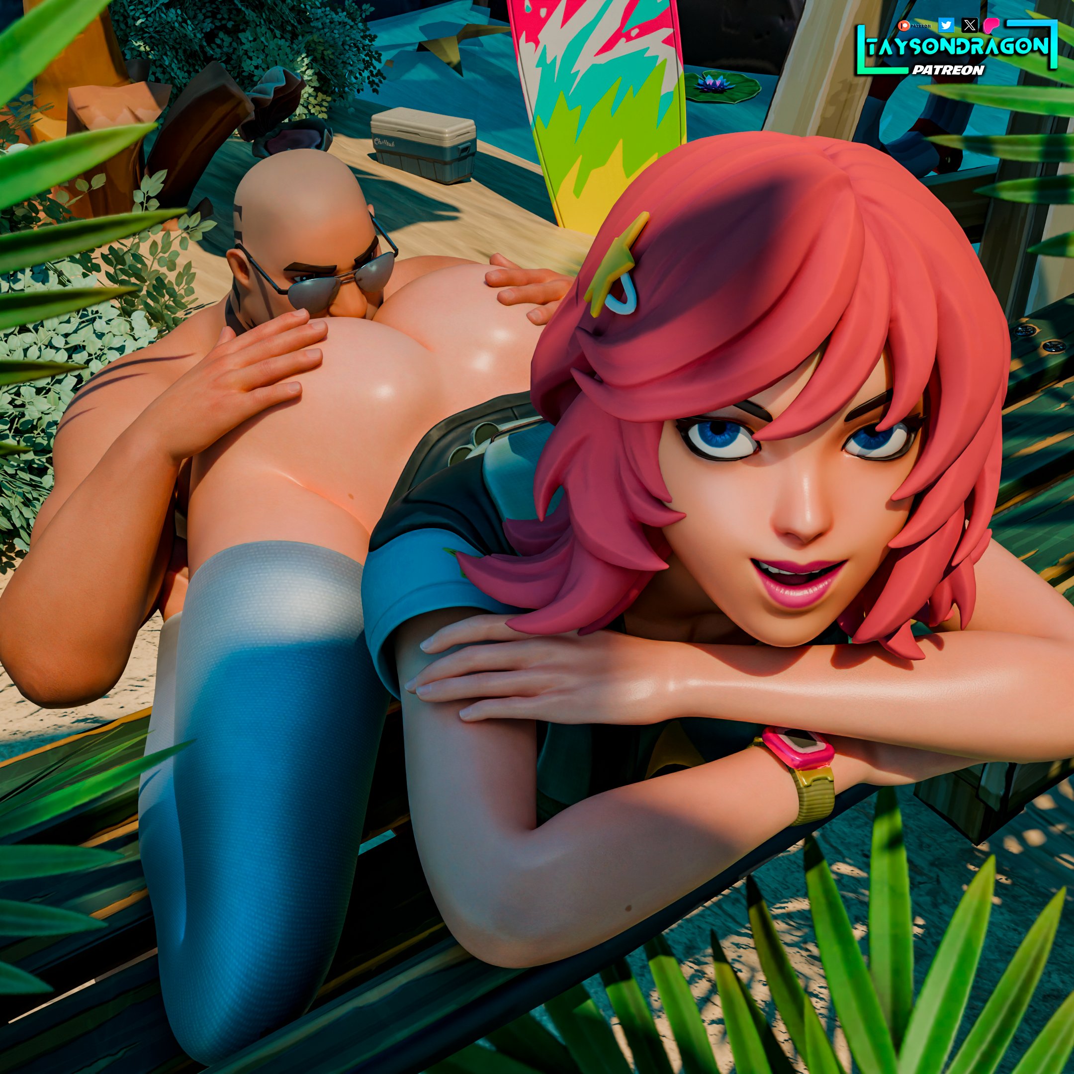 3d, anus, ass, ass grab, beach, big ass, big butt, blue eyes, boy, brutus (fortnite), female, fortnite, girly, nude, pink hair, skye (fortnite), sniffing ass, taysondragon, undercover skye (fortnite), white body