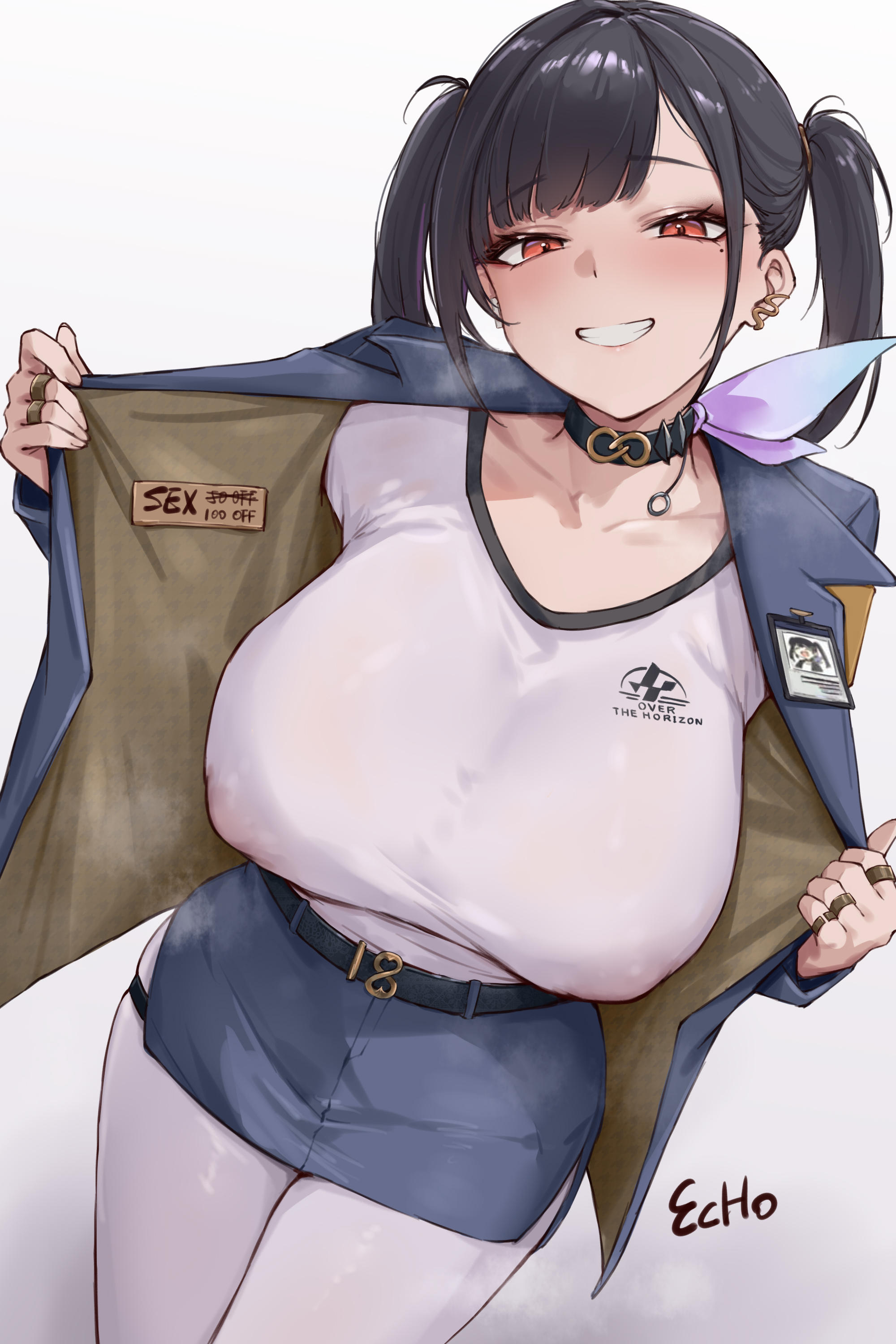 1girls, absurdres, artist name, big breasts, black choker, blush, breasts, choker, e.c.ho, female, goddess of victory: nikke, grin, highres, huge breasts, jacket, looking at viewer, medium hair, open clothes, open jacket, pantyhose, red eyes, shirt, simple background, skirt, smile, solo, sora (nikke), teeth, twintails, variant set, white background, white pantyhose, white shirt