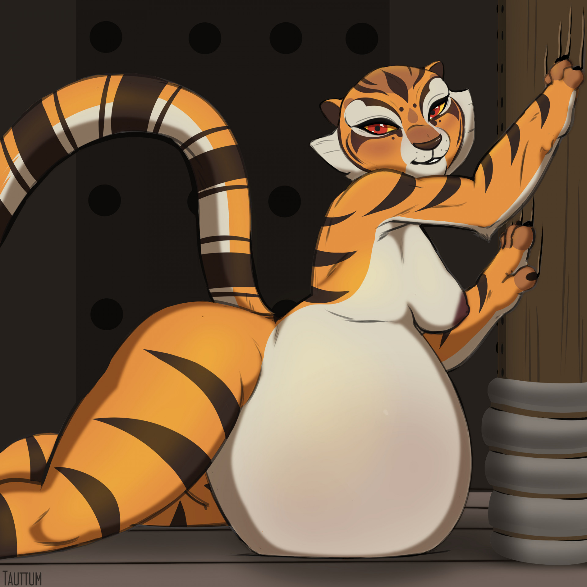1:1, 2023, anthro, areola, ass, belly, big belly, big breasts, black stripes, blush, bodily fluids, breasts, dreamworks, felid, female, fur, hi res, huge belly, kung fu panda, looking at viewer, mammal, master tigress, multicolored body, multicolored fur, nipples, nude, orange body, orange fur, pantherine, pregnant, pregnant anthro, pregnant female, scratching, signature, solo, striped body, striped fur, stripes, tail, tauttum, tiger, two-tone body, two-tone fur, white body, white fur