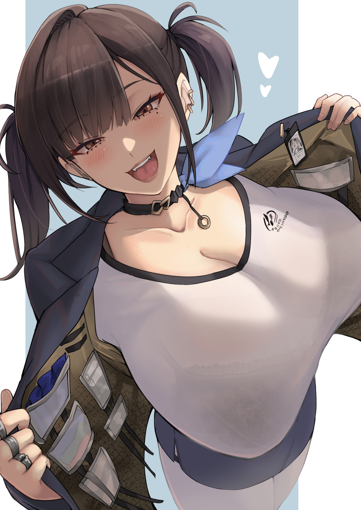 1girls, blue jacket, blue skirt, blush, bra visible through clothes, breasts, brown hair, choker, cleavage, collarbone, contraband, earrings, fangs, female, goddess of victory: nikke, highres, jacket, jewelry, large breasts, looking at viewer, medium hair, mole, mole under eye, multiple rings, open clothes, open jacket, open mouth, opened by self, pantyhose, red eyes, ring, shirt, skirt, smile, solo, sora (nikke), twintails, white pantyhose, white shirt, yude