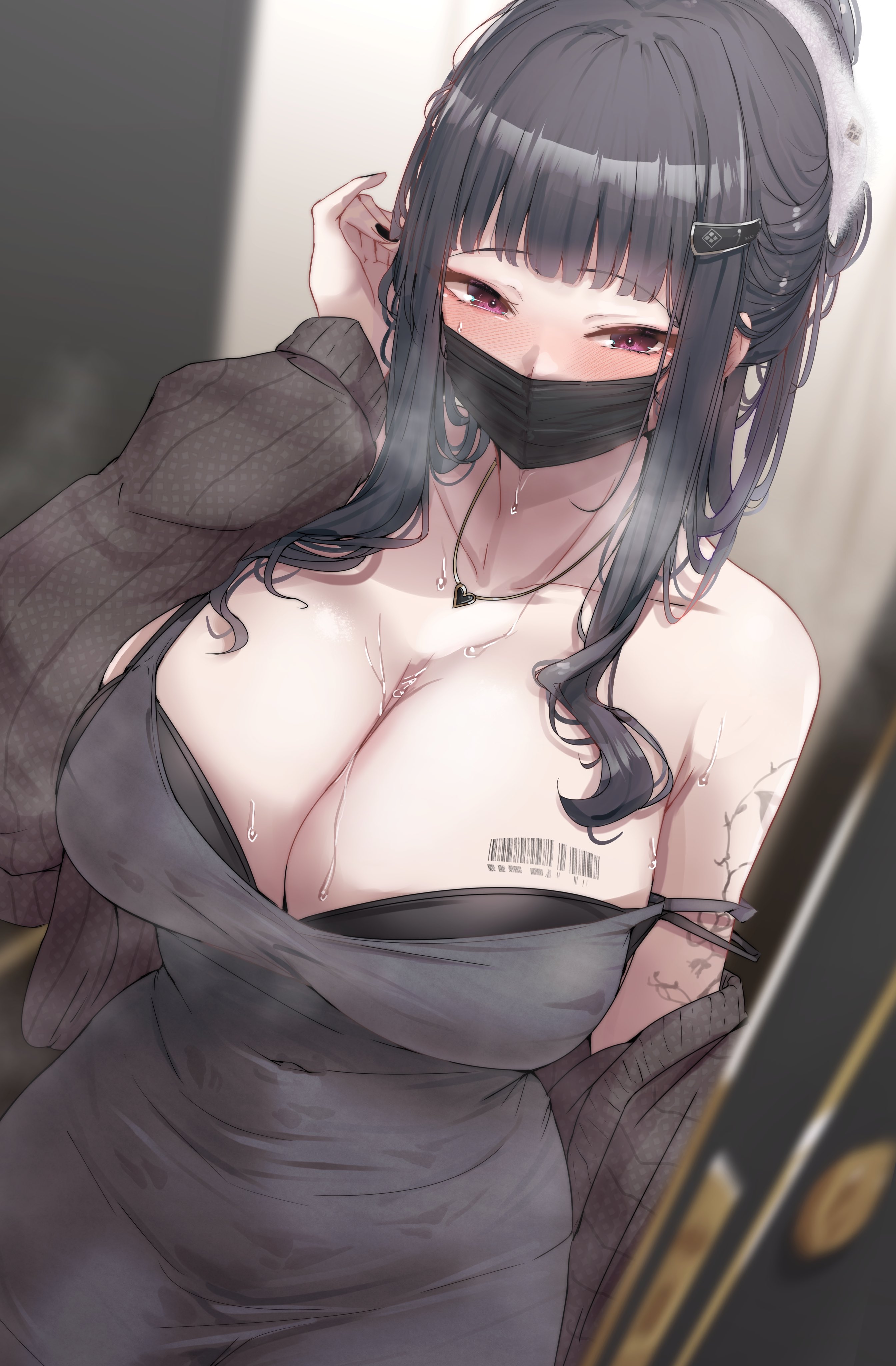 1girls, absurdres, arm tattoo, barcode, barcode tattoo, black bra, black dress, black hair, blush, bra, bra peek, bra strap slip, breast tattoo, breasts, change in common sense, cleavage, covered mouth, d (killer wife) (nikke), d (nikke), dress, female, goddess of victory: nikke, hair ornament, hairclip, hand up, happy trance, highres, hypnotized personality change, jewelry, large breasts, long hair, long sleeves, looking at viewer, mask, mind alteration, mouth mask, necklace, official alternate costume, purple eyes, ryuu., solo, sweat, tattoo, unaware, unaware hypnosis, unbothered, underwear