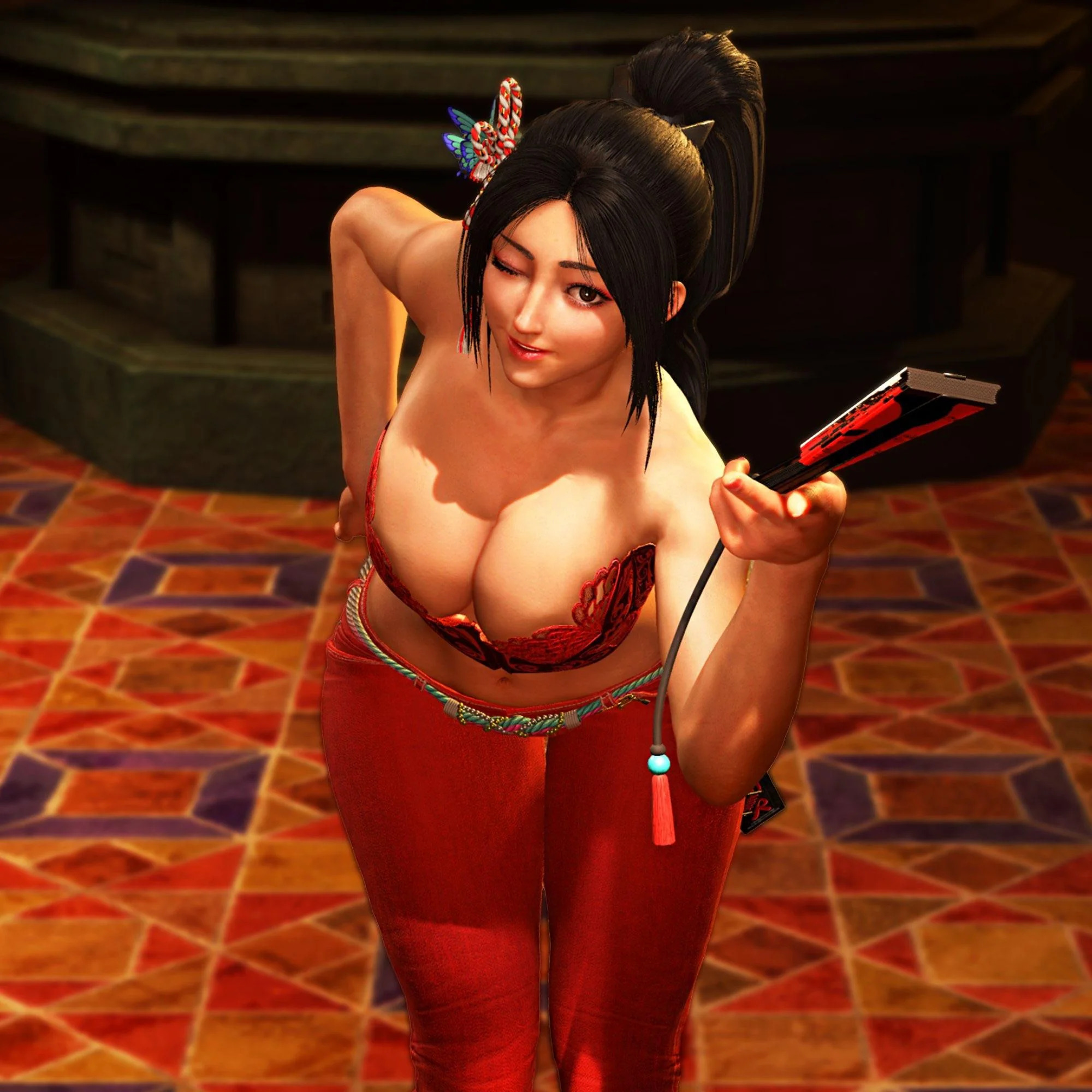 1girls, bustier, fatal fury, female, female focus, mai shiranui, mai shiranui (street fighter 6), official alternate costume, red bustier, red pants, snk, solo, street fighter, street fighter 6