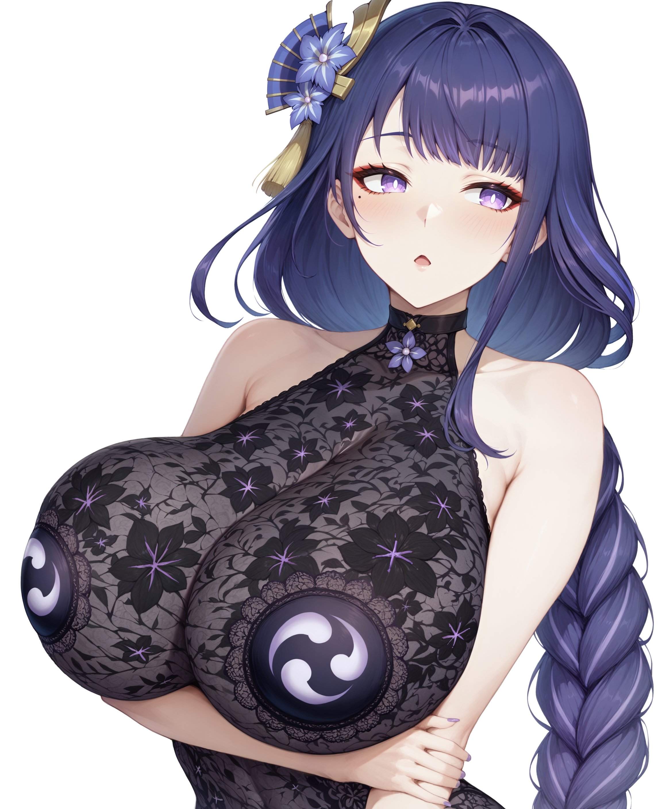 1girls, ai generated, aimoonshine, alternate costume, arm under breasts, bare shoulders, blush, bodystocking, bodysuit, braid, braided ponytail, breasts, choker, cleavage, female, female only, floral print, flower, genshin impact, hair flower, hair ornament, huge breasts, lace, lace trim, large breasts, light blush, long hair, looking to the side, mihoyo, mitsudomoe (shape), mole, mole under eye, open mouth, paid reward available, pasties, purple eyes, purple flower, purple hair, purple nails, raiden shogun, simple background, sleeveless, solo, solo female, tight clothing, tomoe (symbol), upper body, very long hair, white background