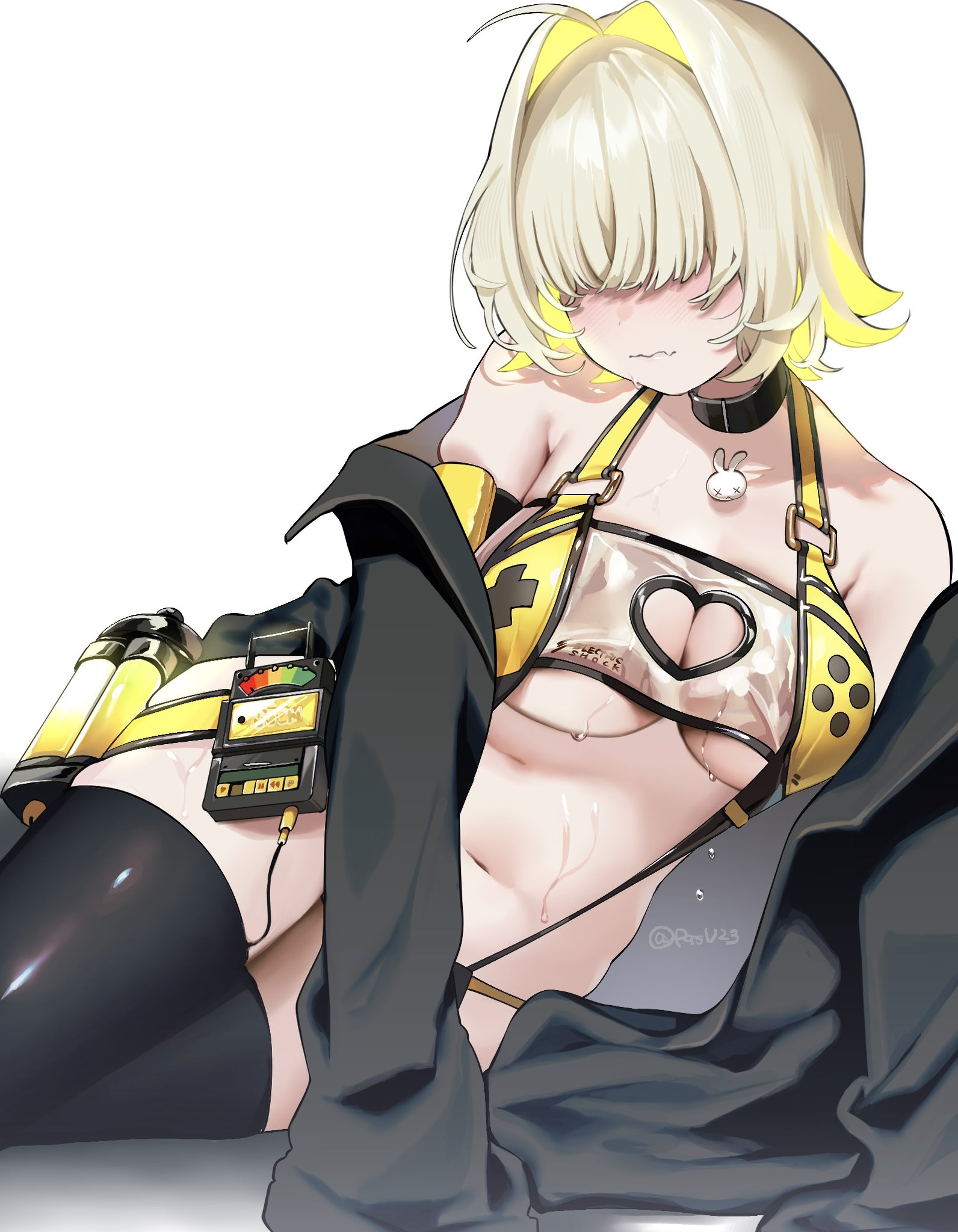 1girls, arm support, bikini, black jacket, black thighhighs, blonde hair, blush, breasts, cleavage cutout, closed mouth, clothing cutout, elegg (boom and shock) (nikke), elegg (nikke), female, game controller nipples (meme), goddess of victory: nikke, hair intakes, hair over eyes, heart cutout, highres, jacket, large breasts, long bangs, meme, multicolored hair, navel, off shoulder, pqsu23, see-through bikini, see-through clothes, short hair, simple background, slingshot swimsuit, solo, solo female, sweat, swimsuit, thighhighs, twitter username, two-tone hair, wavy mouth, white background, yellow slingshot swimsuit