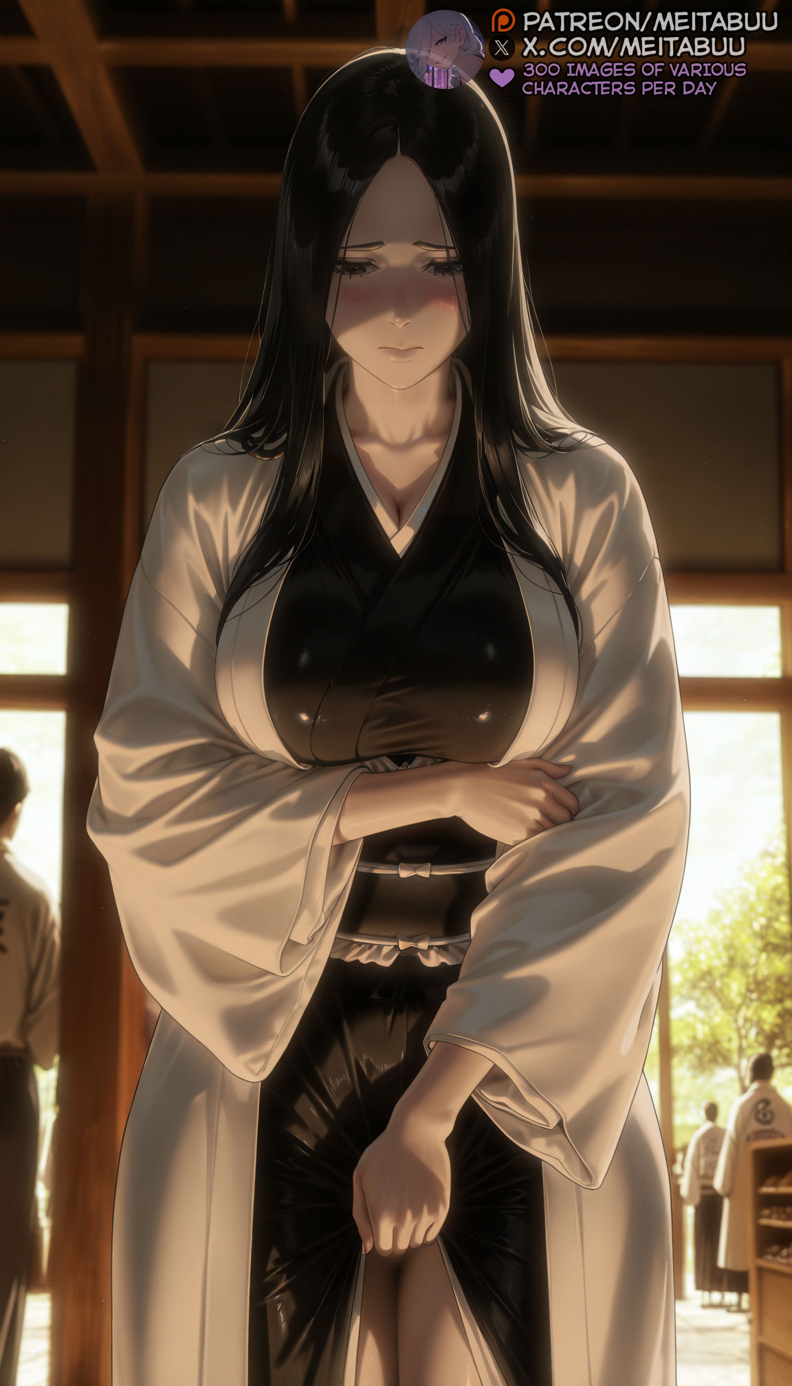 1girls ai_generated arm_under_breasts black_eyes black_hair black_kimono bleach bleach:_the_thousand-year_blood_war bleach_brave_souls blush breasts cleavage closed_mouth clothes_lift collarbone embarrassed forehead grey_eyes haori indoors japanese_clothes kimono kimono_lift large_breasts lifted_by_self long_hair long_sleeves looking_down mature_female meitabuu multiple_boys multiple_girls obi parted_bangs parted_hair sash shonen_jump solo_focus standing straight_hair thighs unohana_retsu white_kimono wide_sleeves