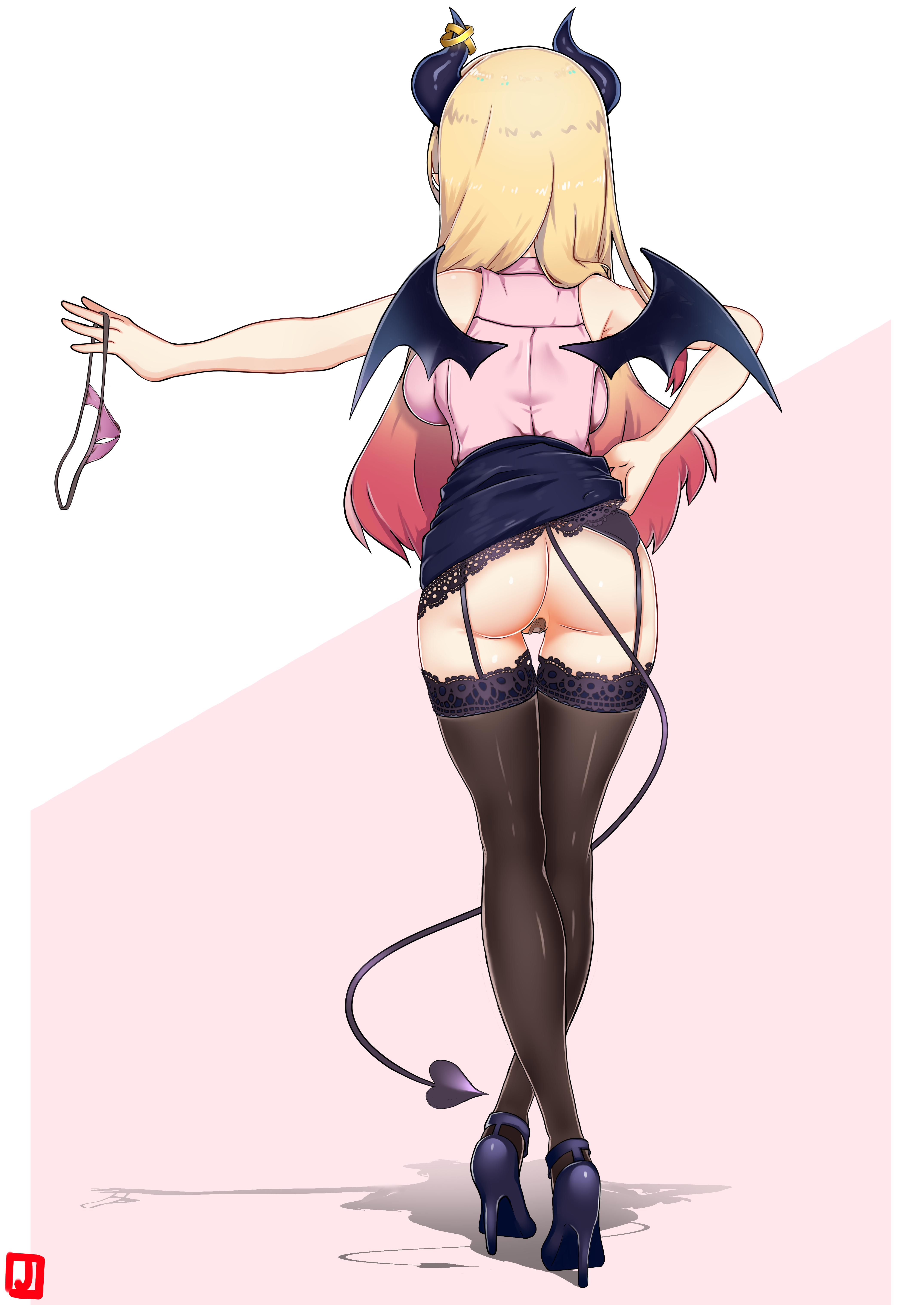 1girls, ass, back, bandaid on pussy, bat wings, bitch, blonde hair, exhibitionism, exhibitionist, female, garter belt, heels, hololive, hololive gen 2, hololive japan, horns, johnny (braun-kan cafe), long hair, no panties, nopan, panties, panties removed, prostitute, prostitution, pussy, tail, virtual youtuber, wings, yuzuki choco