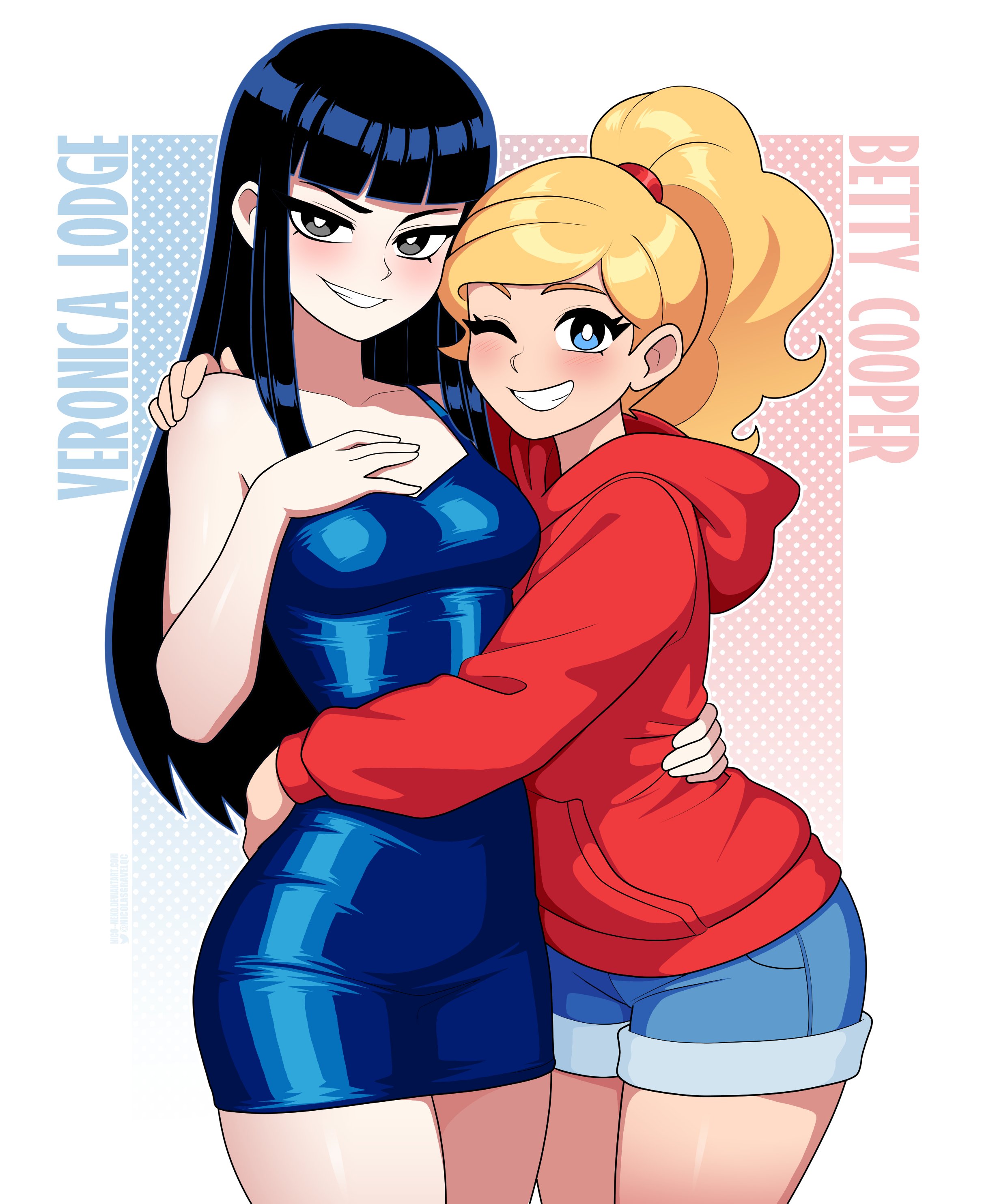 2girls, archie comics, betty and veronica, betty cooper, black hair, blonde hair, character name, female, hoodie, jean shorts, light skin, light-skinned female, nico-neko, nicolasgravelqc, short dress, tight clothing, tight dress, veronica lodge