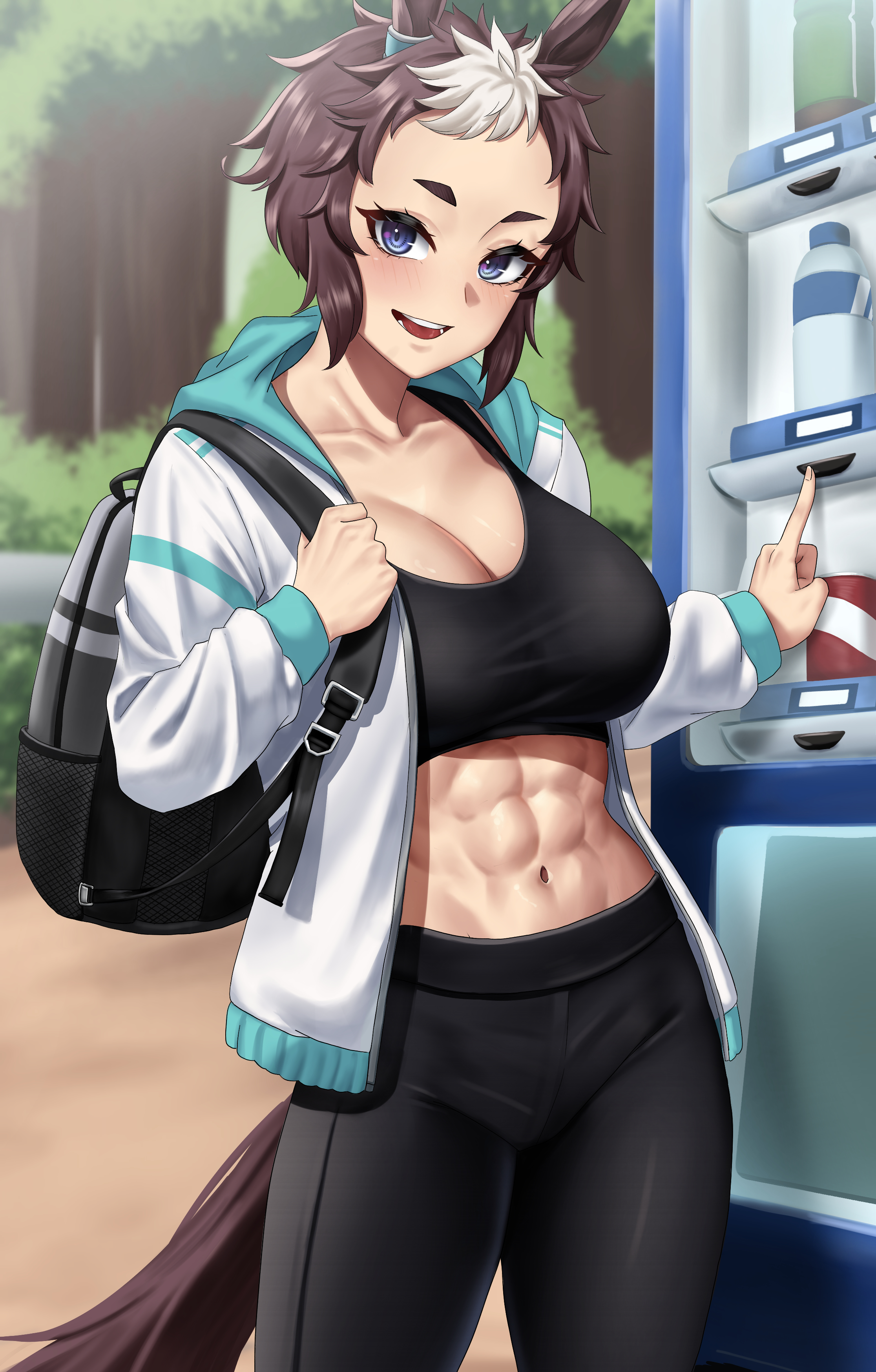 abs, backpack, big breasts, bra, breasts, brown hair, cleavage, female, fully clothed, gym clothes, hoodie, horse ears, horse girl, kemonomimi, leggings, looking at viewer, mejiro ryan (umamusume), muscular, muscular female, outdoors, purple eyes, short eyebrows, short hair, smile, sports bra, sportswear, stmoon, sweatshirt, tomboy, two-tone hair, umamusume, umamusume pretty derby, vending machine, very short hair, yoga pants