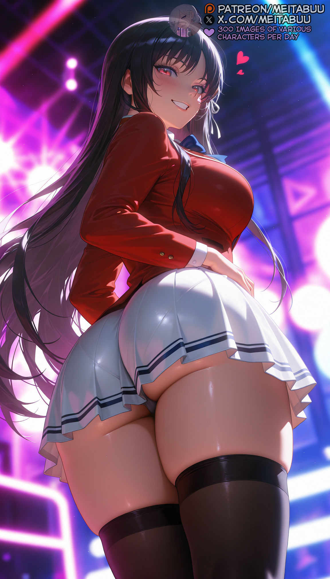 1girls, ai generated, ass, black hair, black thighhighs, blazer, blue bow, blue bowtie, blurry, blurry background, blush, bow, bowtie, breasts, classroom of the elite, female, from behind, from below, grin, hair ribbon, hands on own hips, heart, horikita suzune, jacket, large breasts, long hair, long sleeves, looking at viewer, looking back, meitabuu, panties, parted lips, pleated skirt, red eyes, red jacket, ribbon, school uniform, shirt, skindentation, skirt, smile, solo, stage lights, standing, thighhighs, thighs, underbutthorikita suzune, underwear, very long hair, white panties, white ribbon, white shirt, white skirt