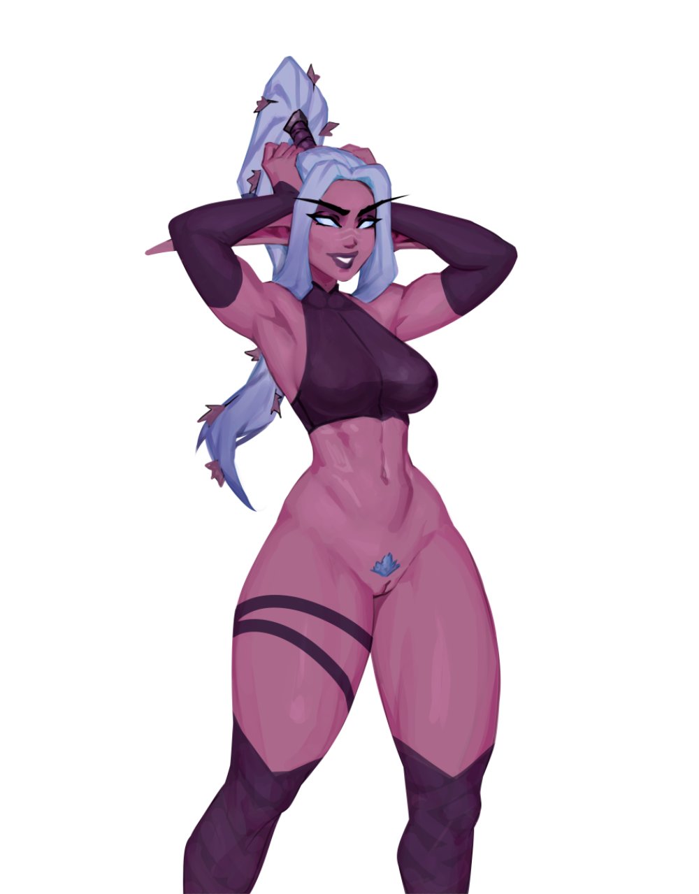 2025, 2d, deinadver, deindraws, elf, elf ears, female, long hair, night elf, no panties, pointed ears, pubic hair, white hair, world of warcraft