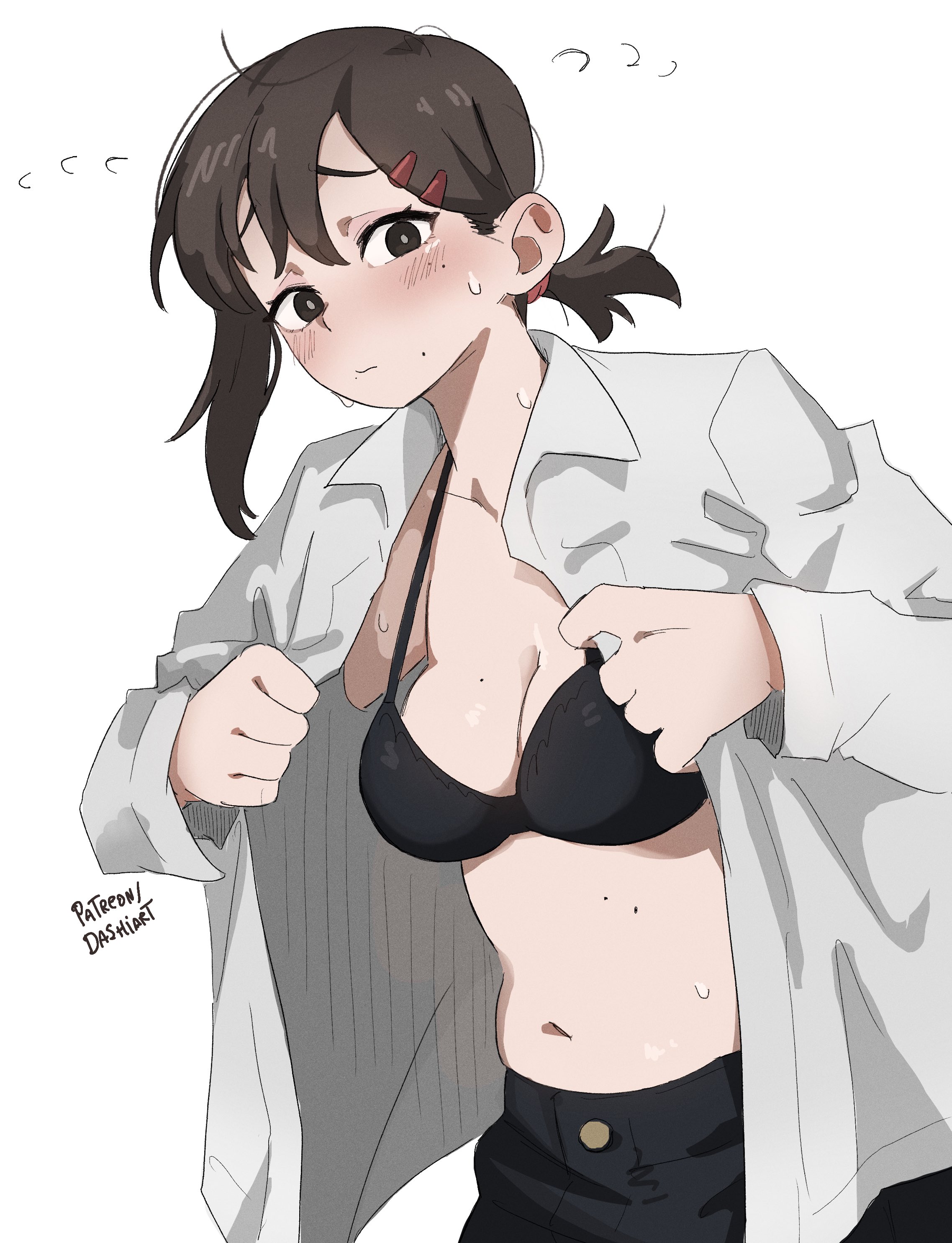 1girls, black bra, blush, bra, breasts, brown eyes, brown hair, brown-haired female, chainsaw man, clothed, dashi art, female, hairclip, higashiyama kobeni, mole, mole on breast, mole on stomach, mole under eye, mole under mouth, open clothes, open shirt, ponytail, short hair, solo, solo female, sweat